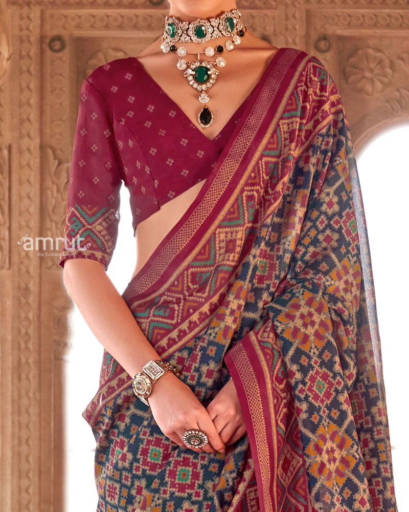 Navy Blue and Maroon Patola Printed Saree with Unstitched Blouse - Image 3