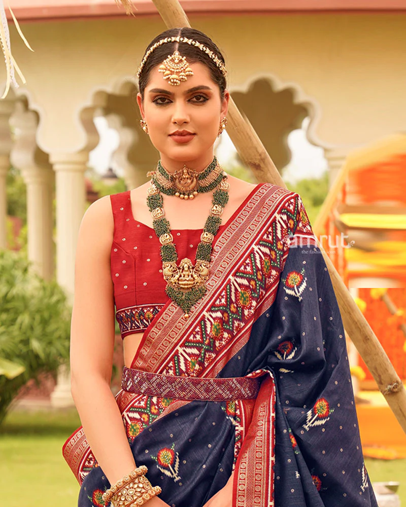 Navy Blue and Maroon Printed Patola Silk Saree with Zari Border and Unstitched Blouse - Image 2