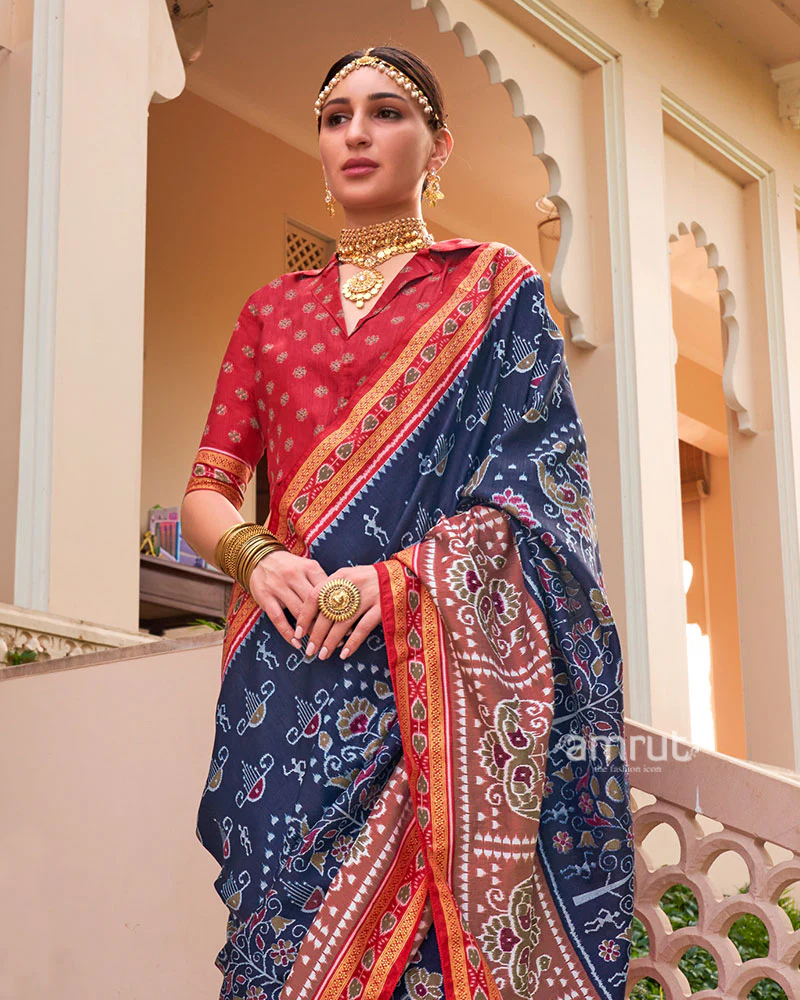 Navy Blue and Red Broad Border Patola Silk Saree with Unstitched Blouse - Image 2