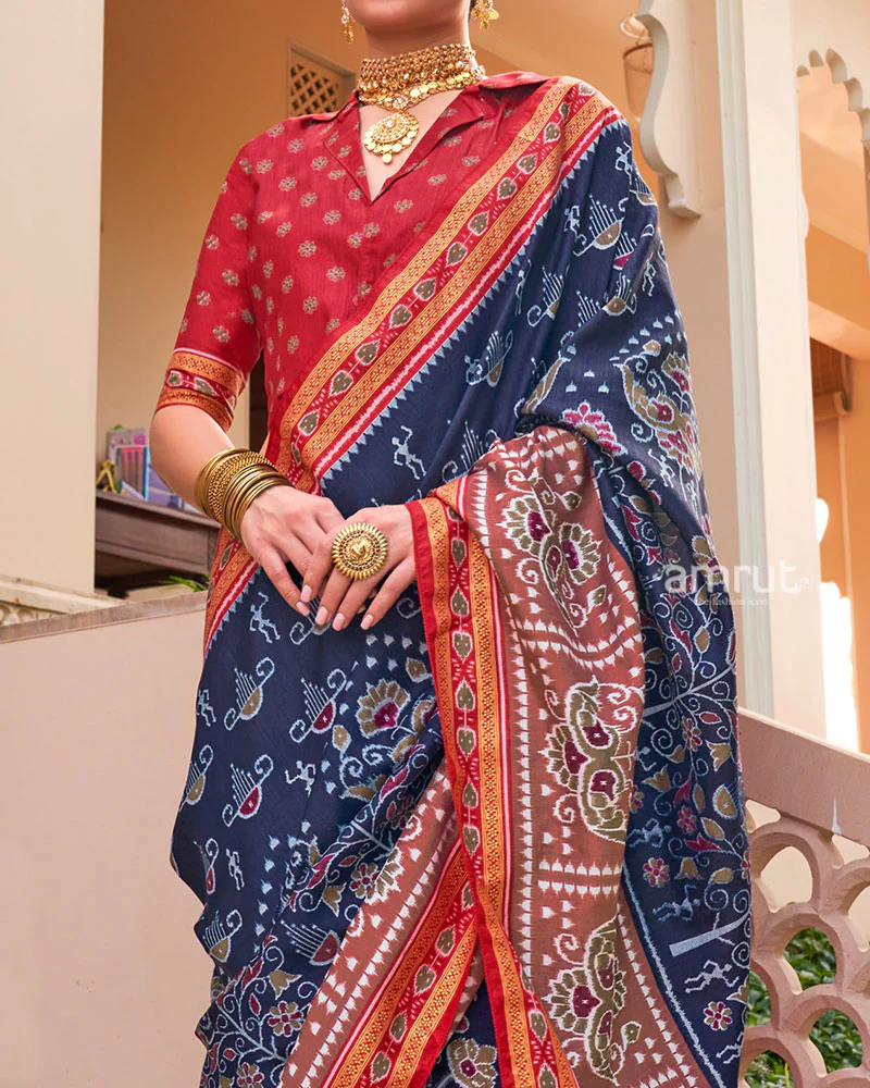 Navy Blue and Red Broad Border Patola Silk Saree with Unstitched Blouse - Image 3