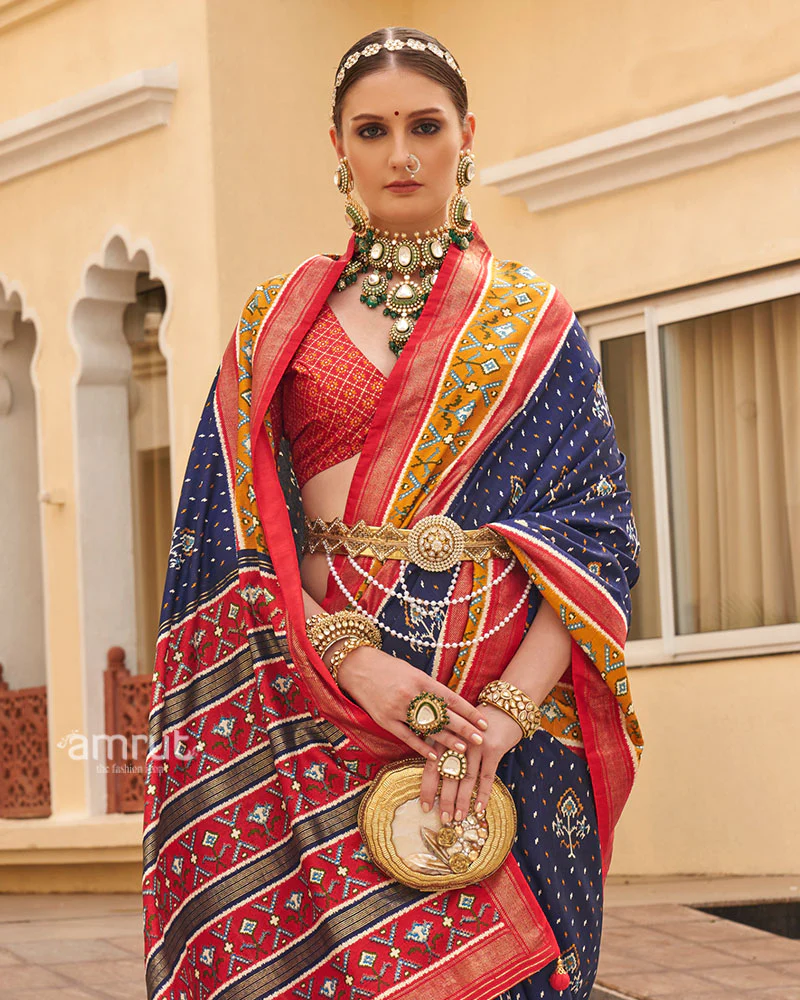 Navy Blue and Red Ethnic Printed Patola Silk Saree with Unstitched Blouse - Image 2