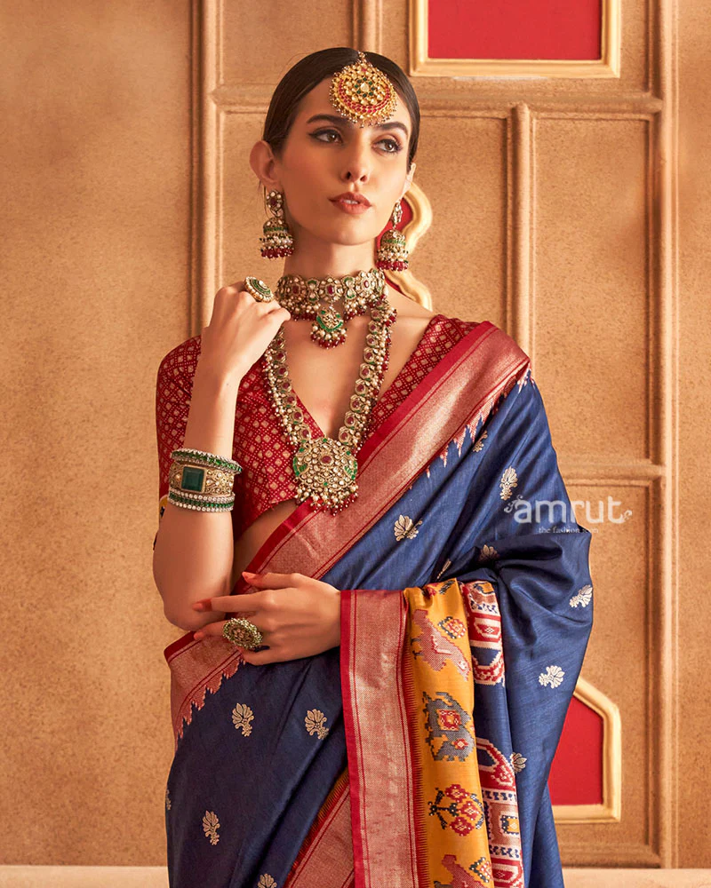 Navy Blue and Red Ikat Woven Border Silk Saree with Unstitched Blouse - Image 2