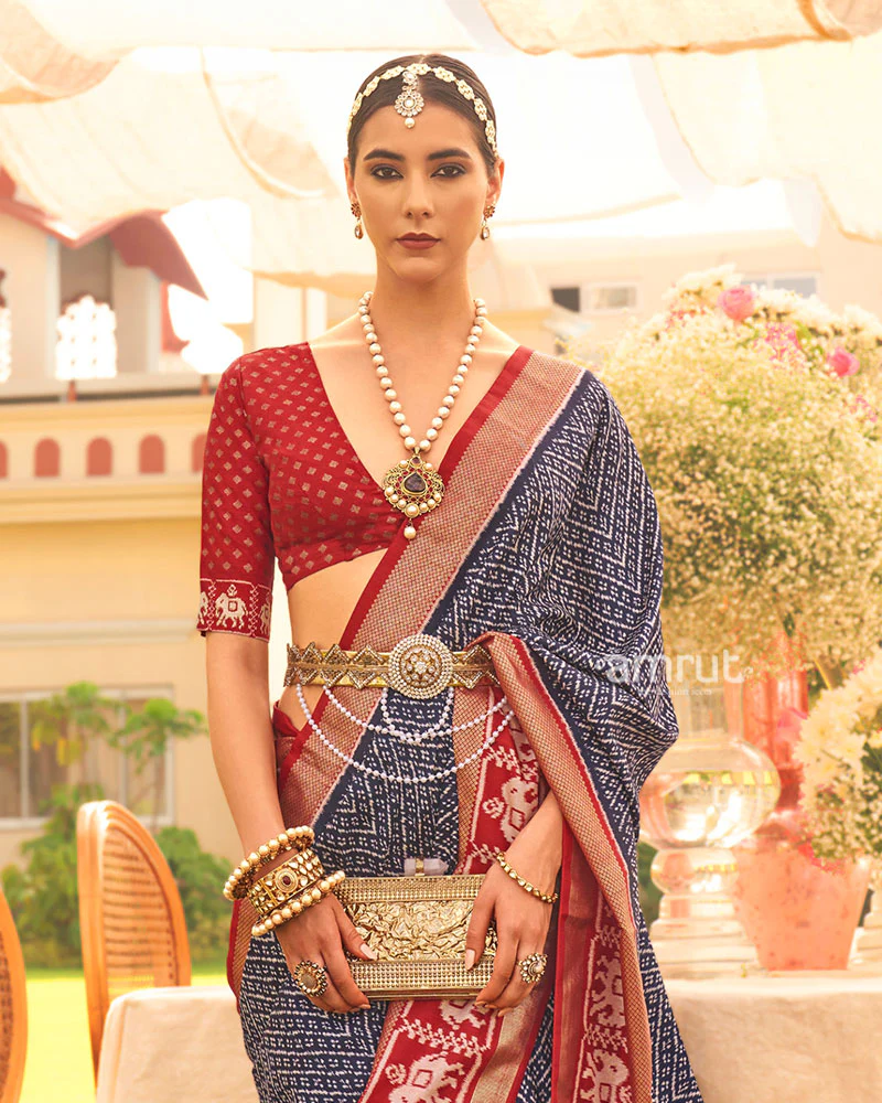 Navy Blue and Red Zari Border Patola Silk Saree with Unstitched Blouse - Image 2
