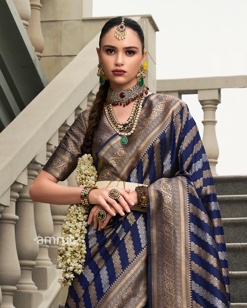 Navy Blue Banarasi Silk Saree with Intricate Zari Weaving and Unstitched Blouse - Image 2