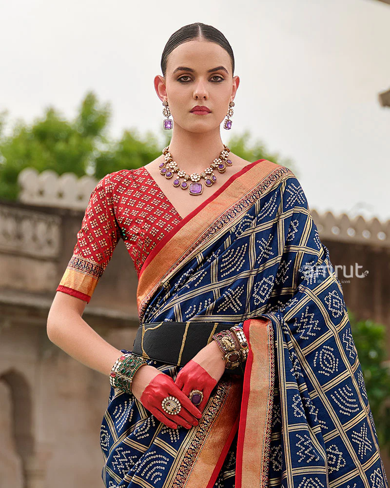 Navy Blue Bandhani Printed Silk Saree with Unstitched Blouse - Image 2