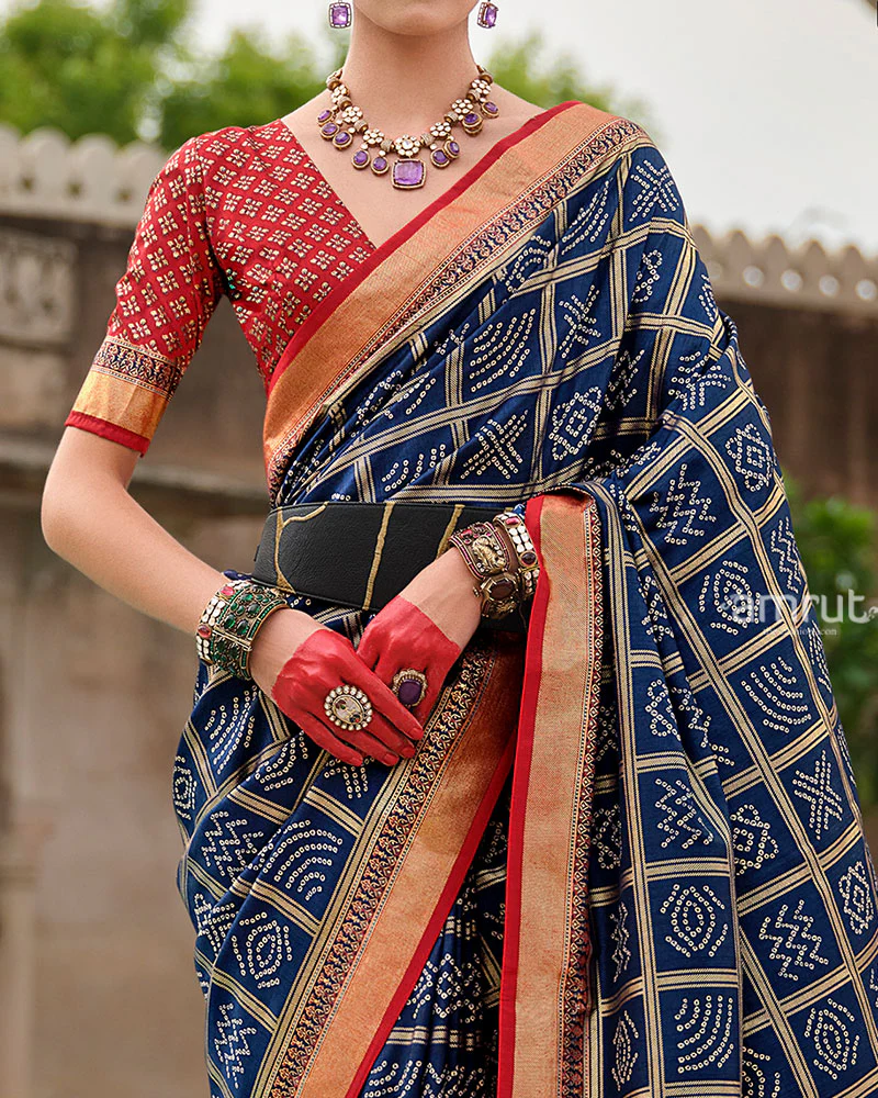 Navy Blue Bandhani Printed Silk Saree with Unstitched Blouse - Image 3