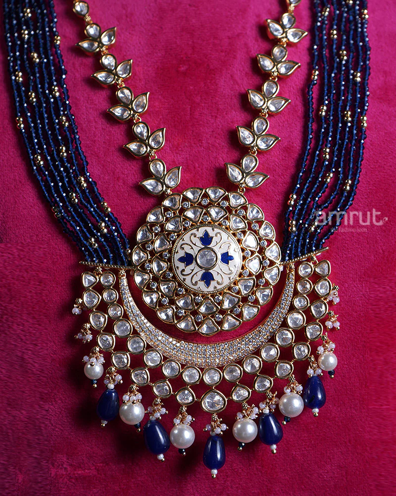 Navy Blue Bead with Crystal Pendant and Pearl Accents Necklace - Image 2