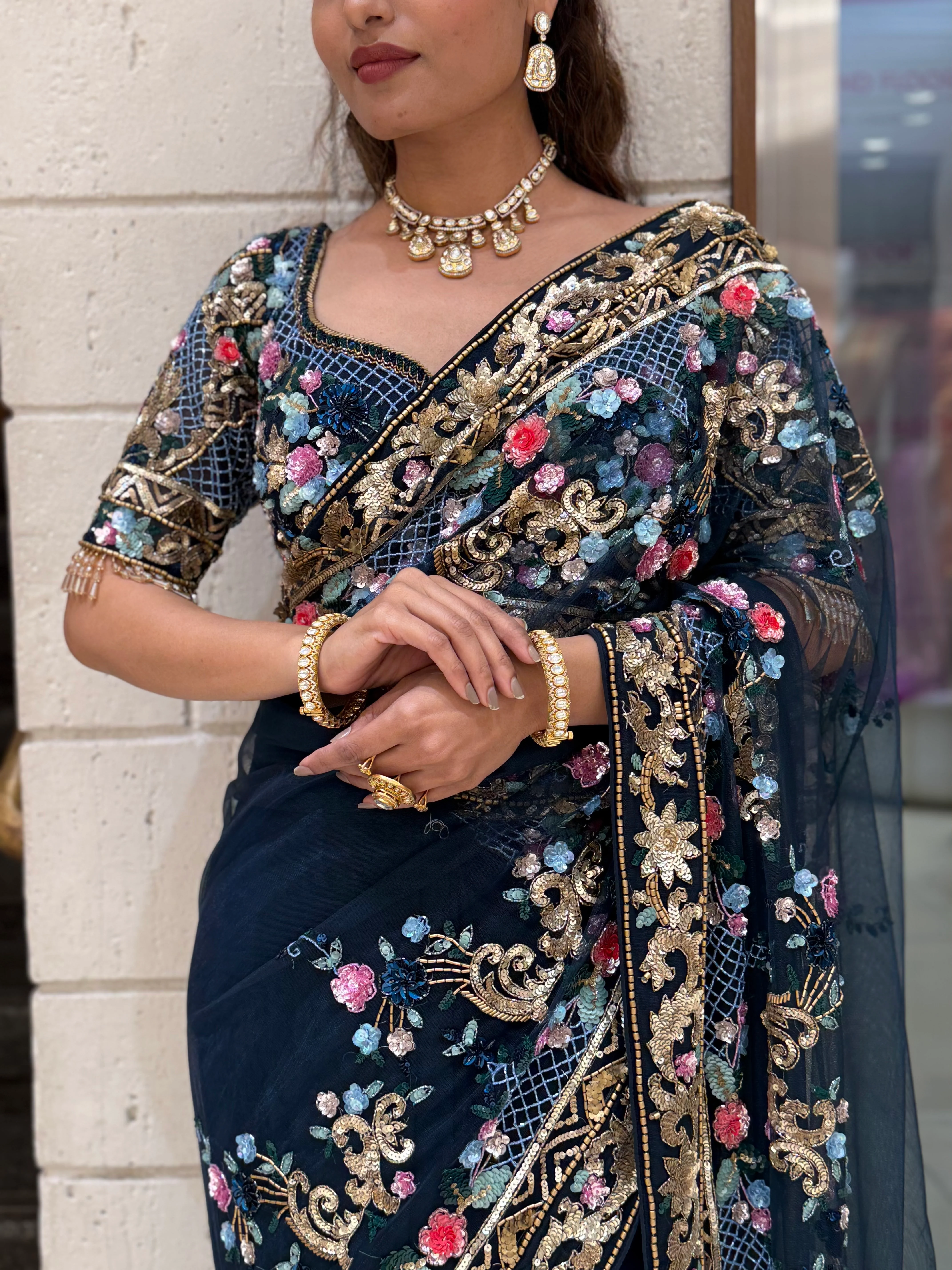 Navy Blue Designer Embroidered Net Saree with Multicolour Floral Work - Image 2