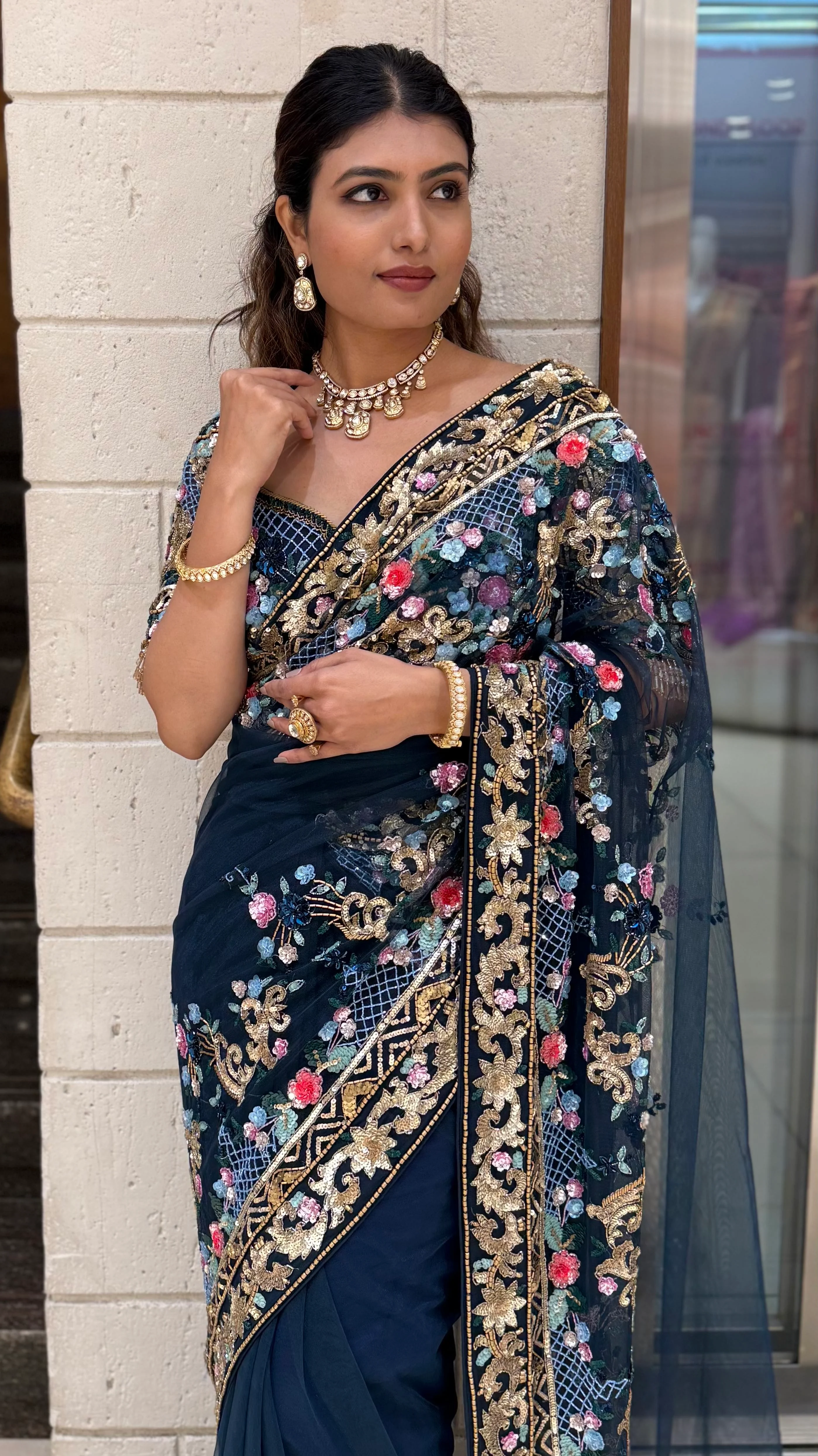 Navy Blue Designer Embroidered Net Saree with Multicolour Floral Work - Image 3