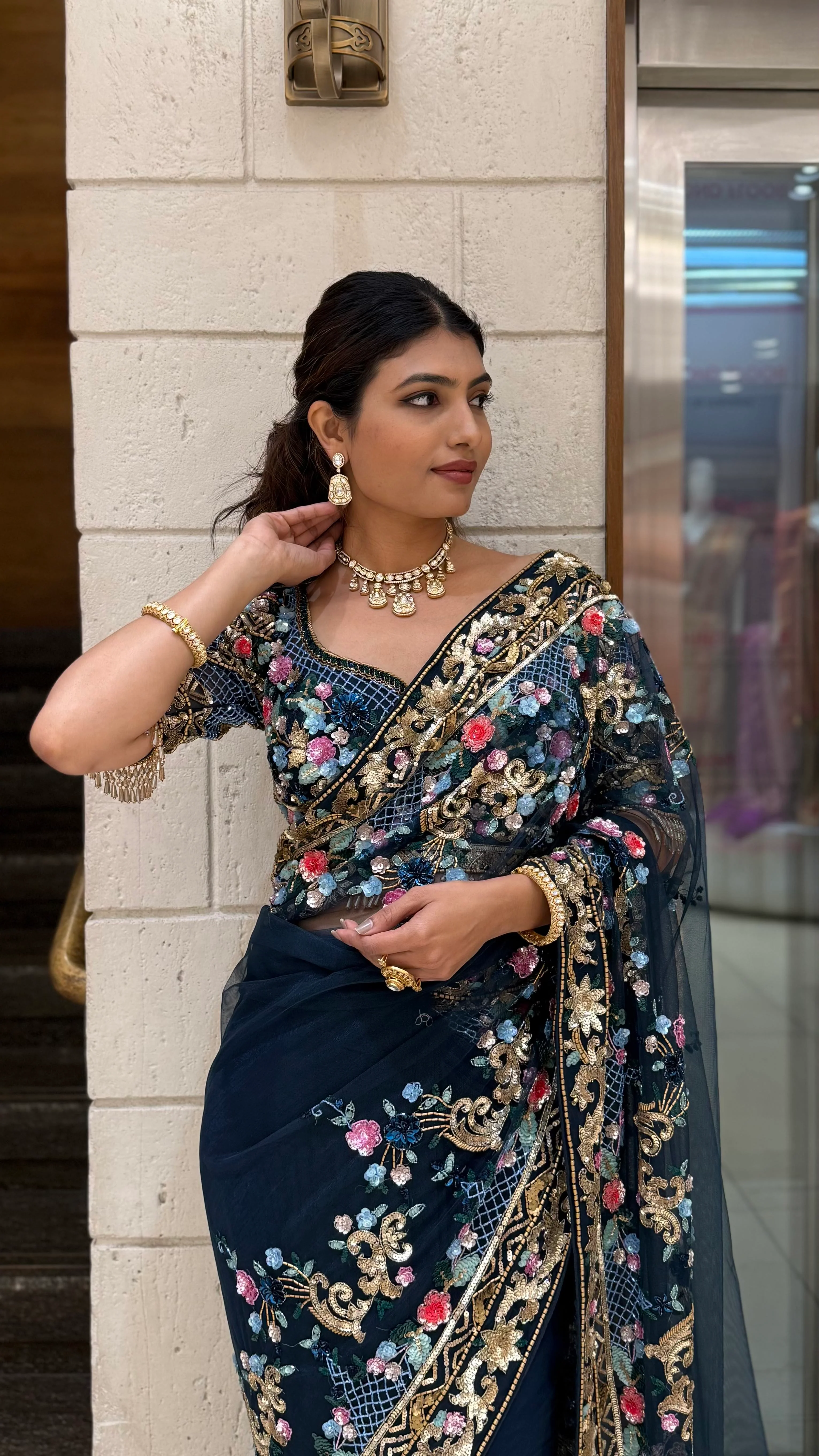 Navy Blue Designer Embroidered Net Saree with Multicolour Floral Work - Image 4