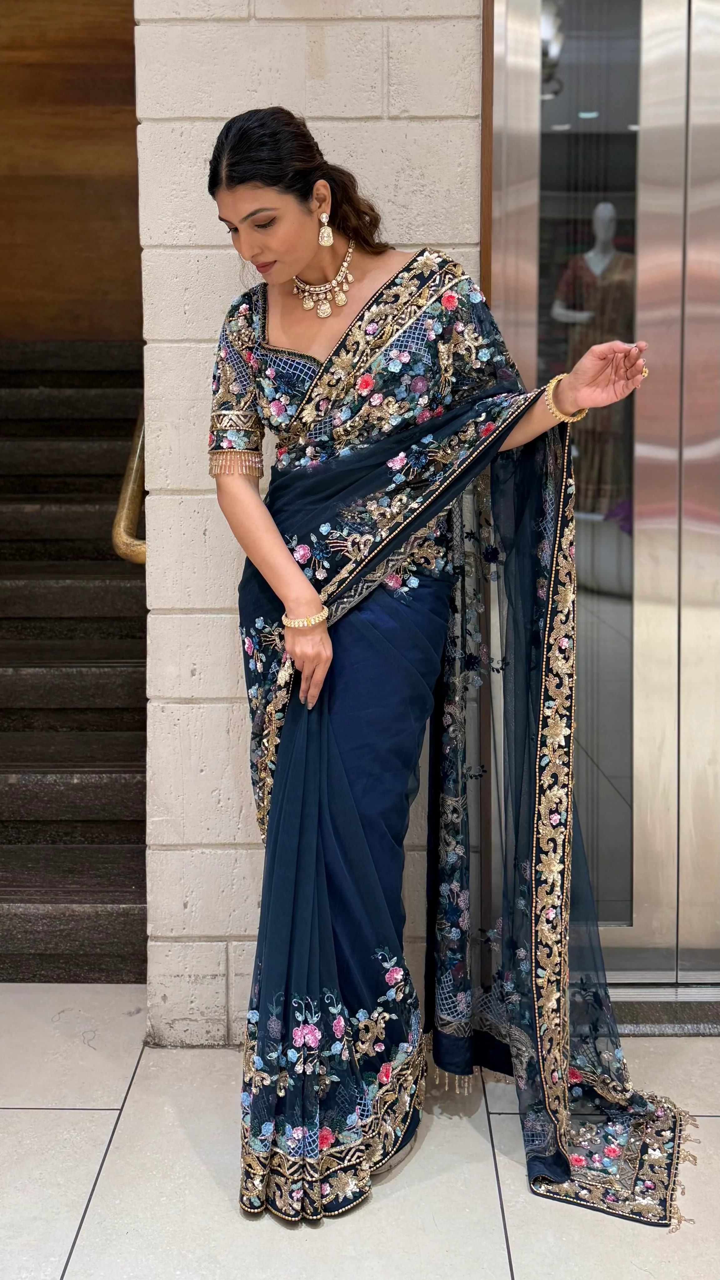 Navy Blue Designer Embroidered Net Saree with Multicolour Floral Work - Image 5