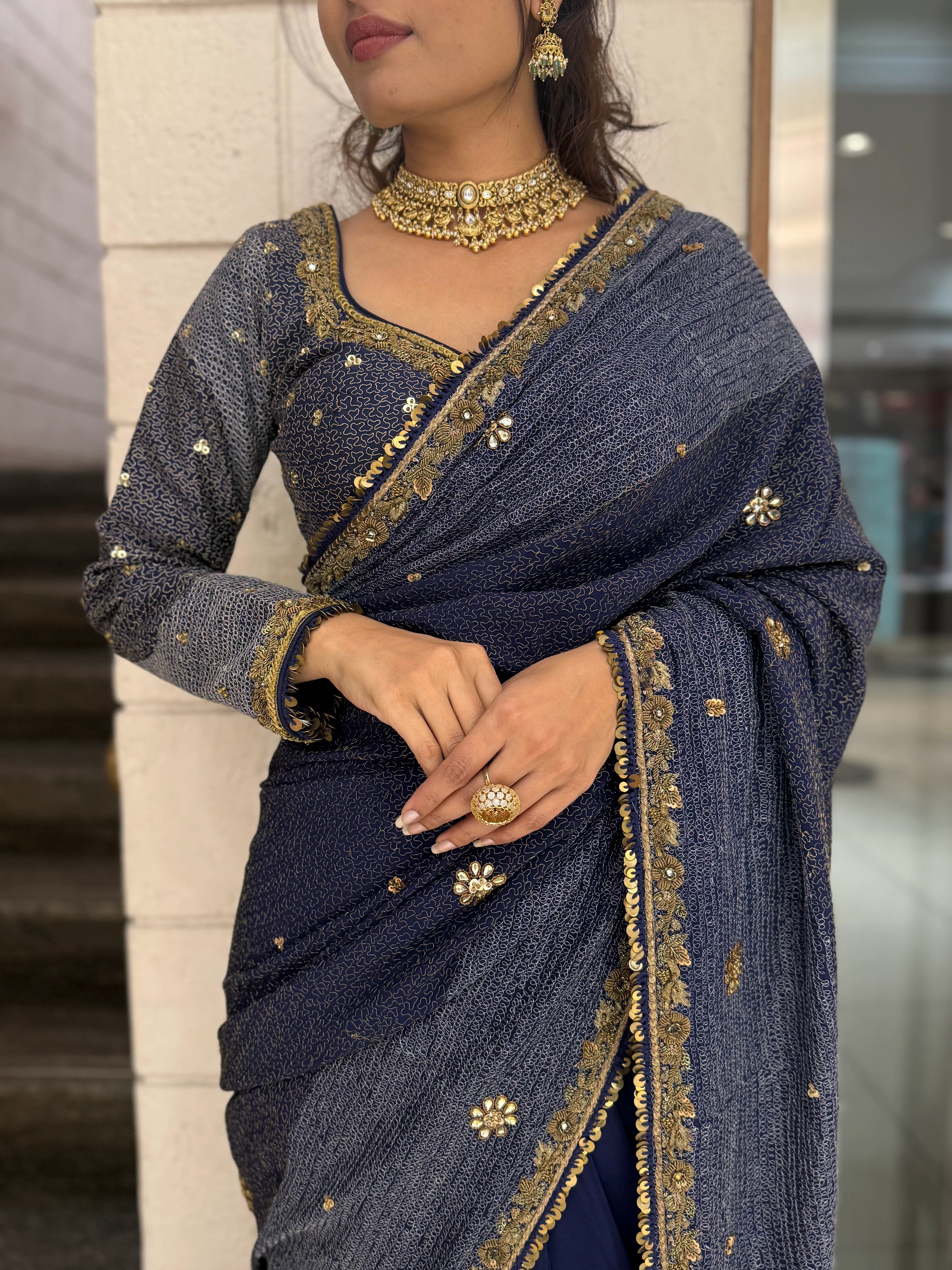 Navy Blue Designer Embroidered Saree with Gold Border - Image 2