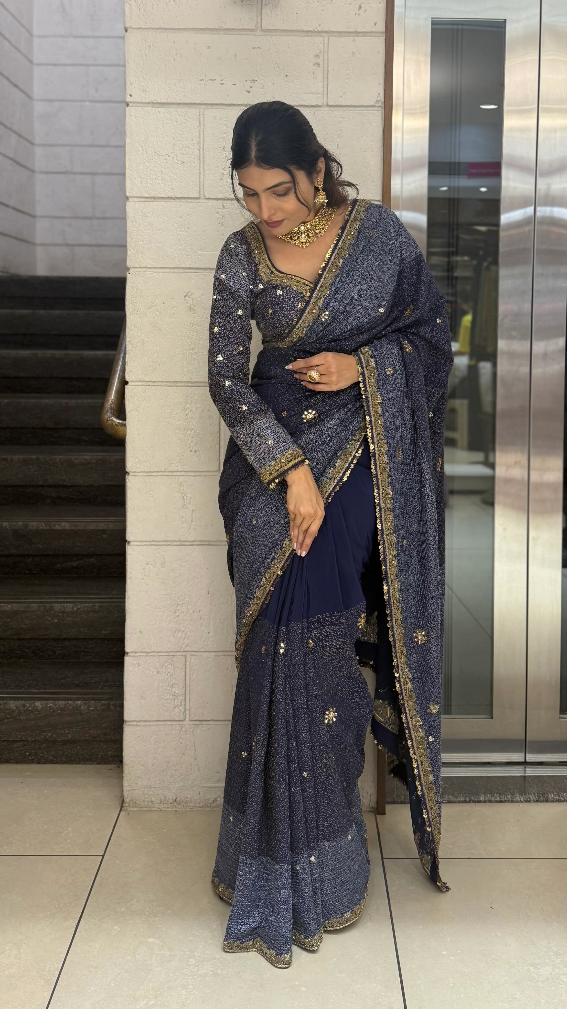 Navy Blue Designer Embroidered Saree with Gold Border - Image 3