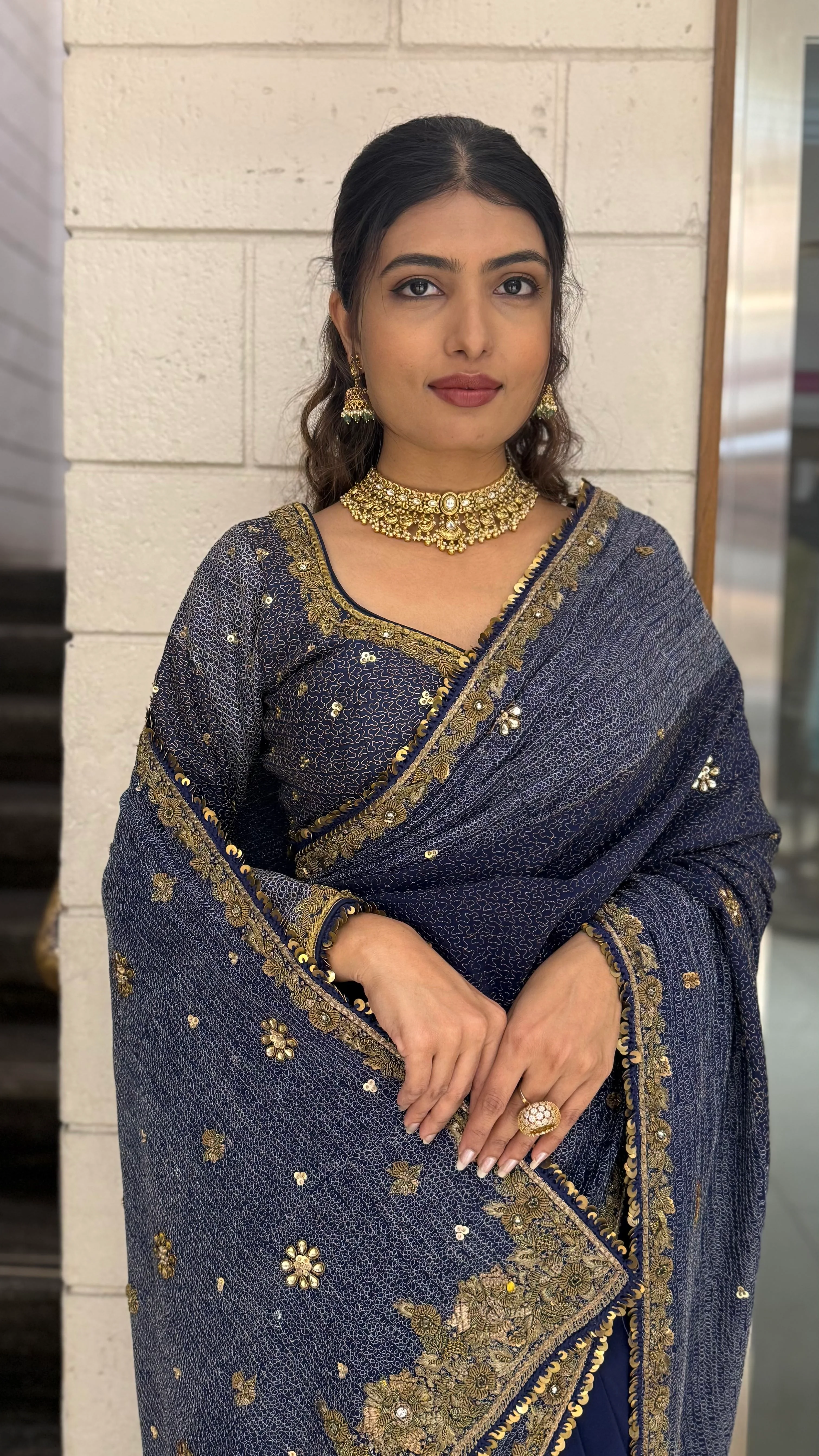 Navy Blue Designer Embroidered Saree with Gold Border - Image 4