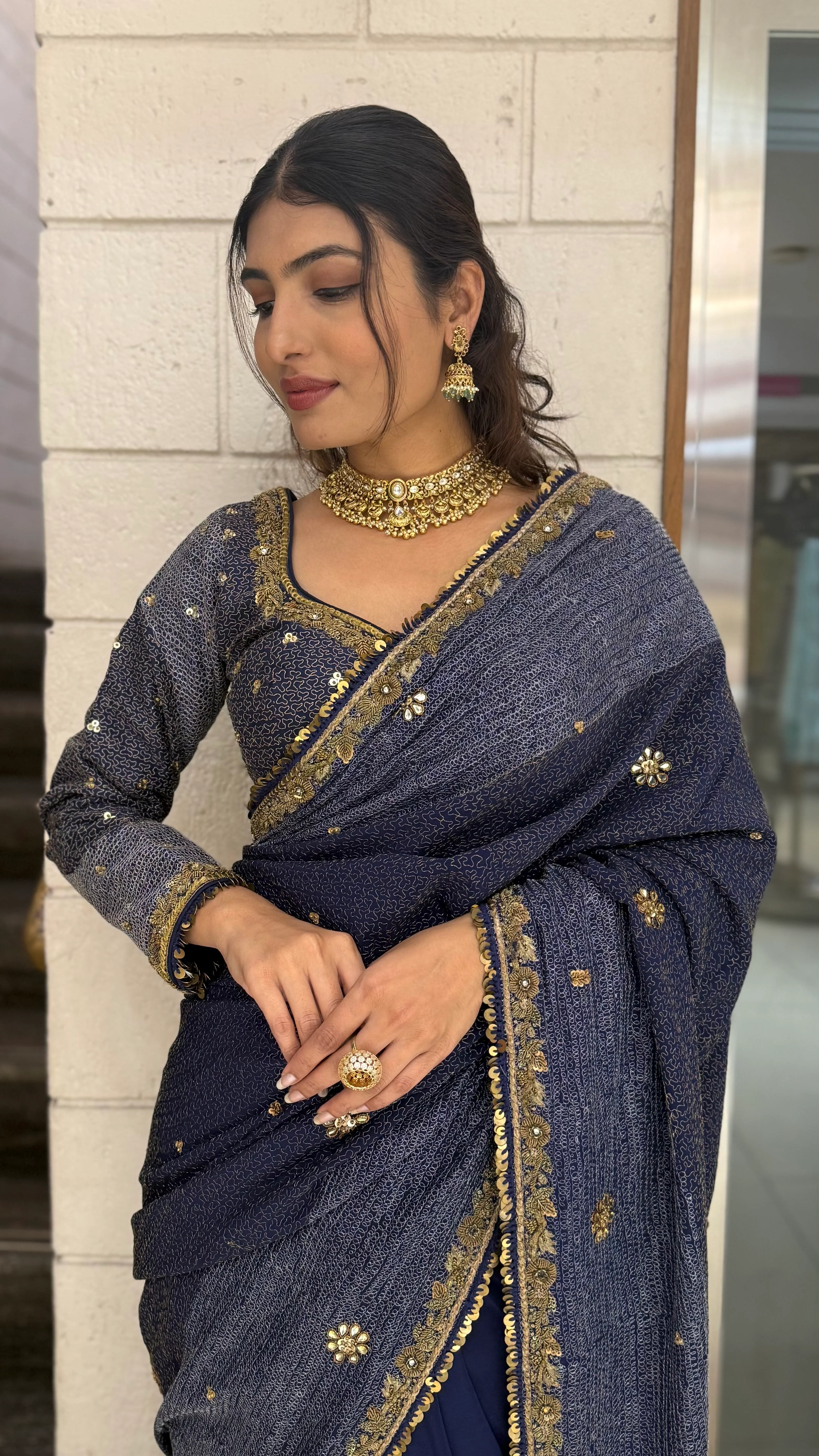 Navy Blue Designer Embroidered Saree with Gold Border - Image 5