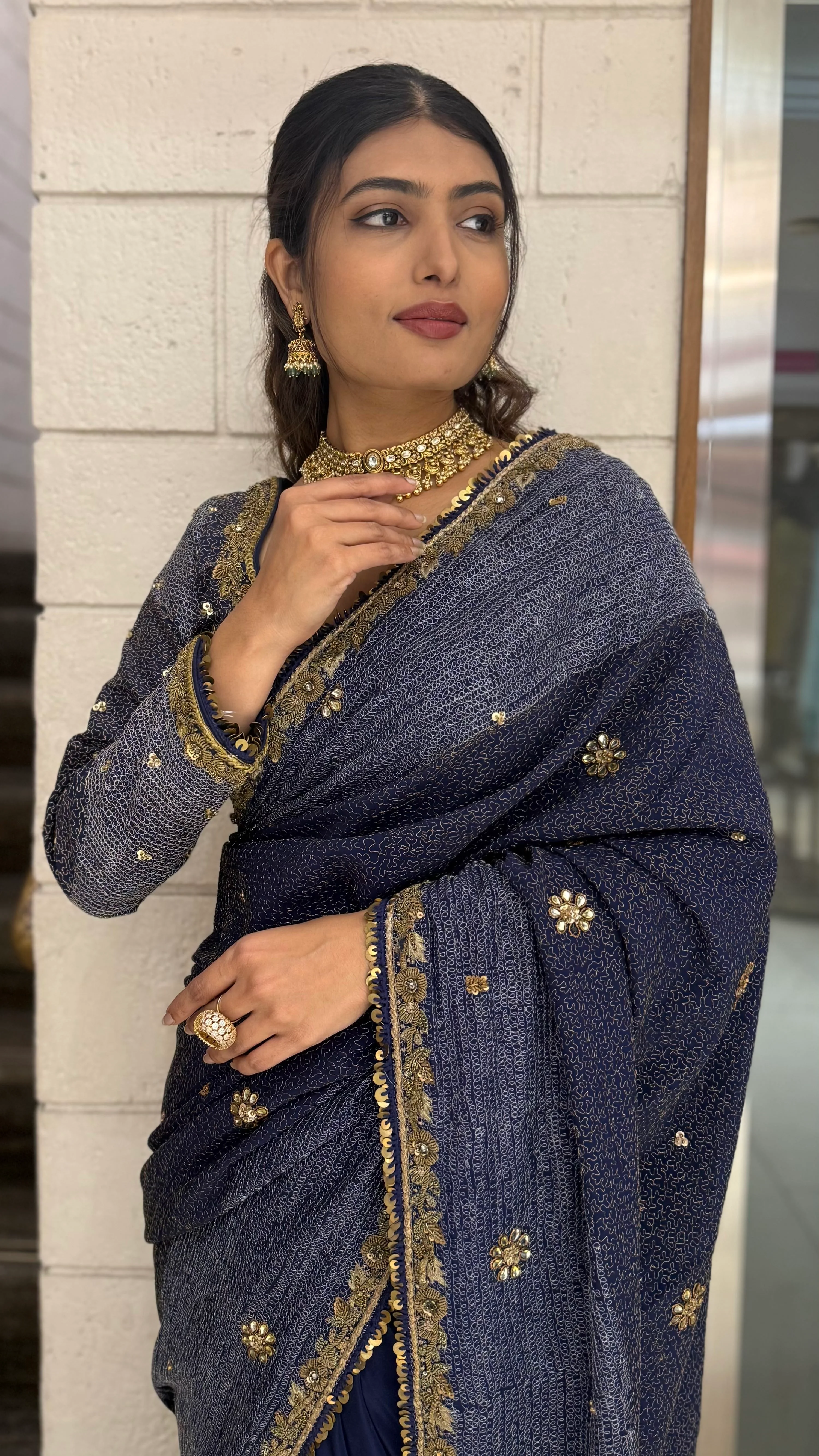 Navy Blue Designer Embroidered Saree with Gold Border - Image 6