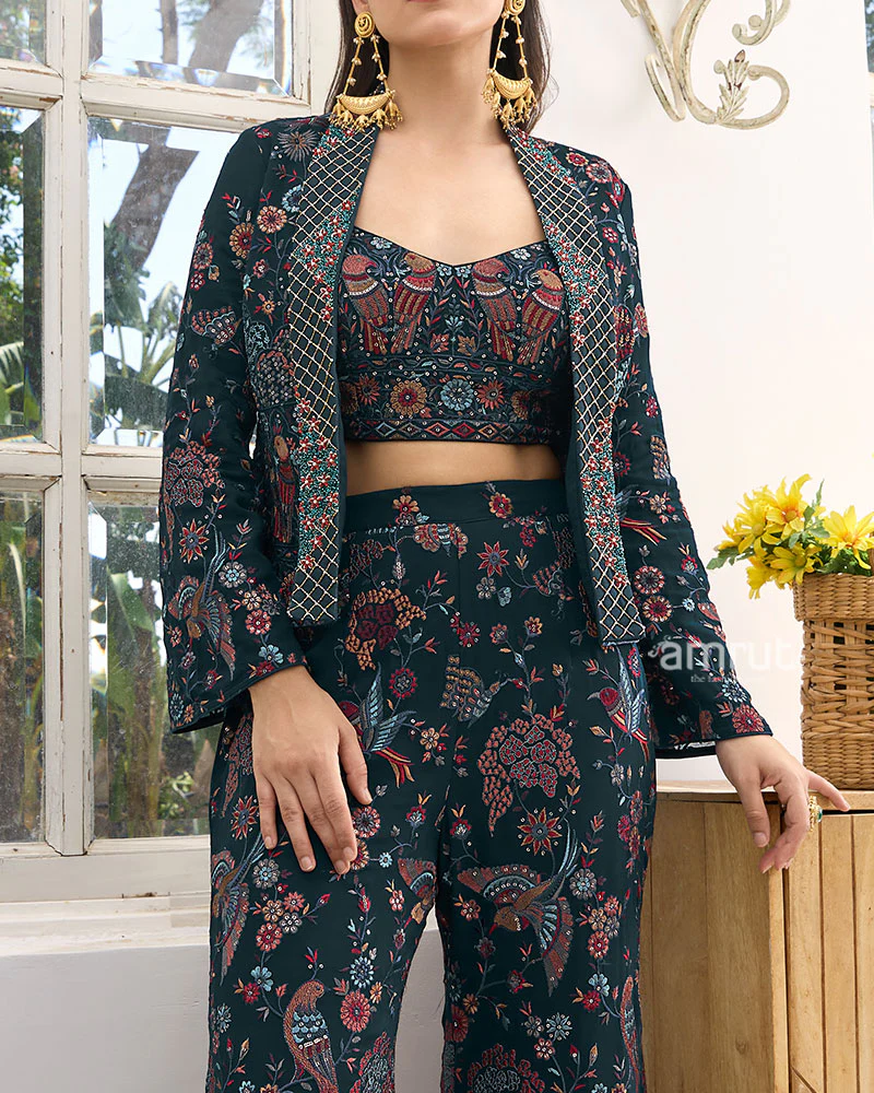 Navy Blue Embroidered Crop Top And Palazzo With Jacket - Image 3
