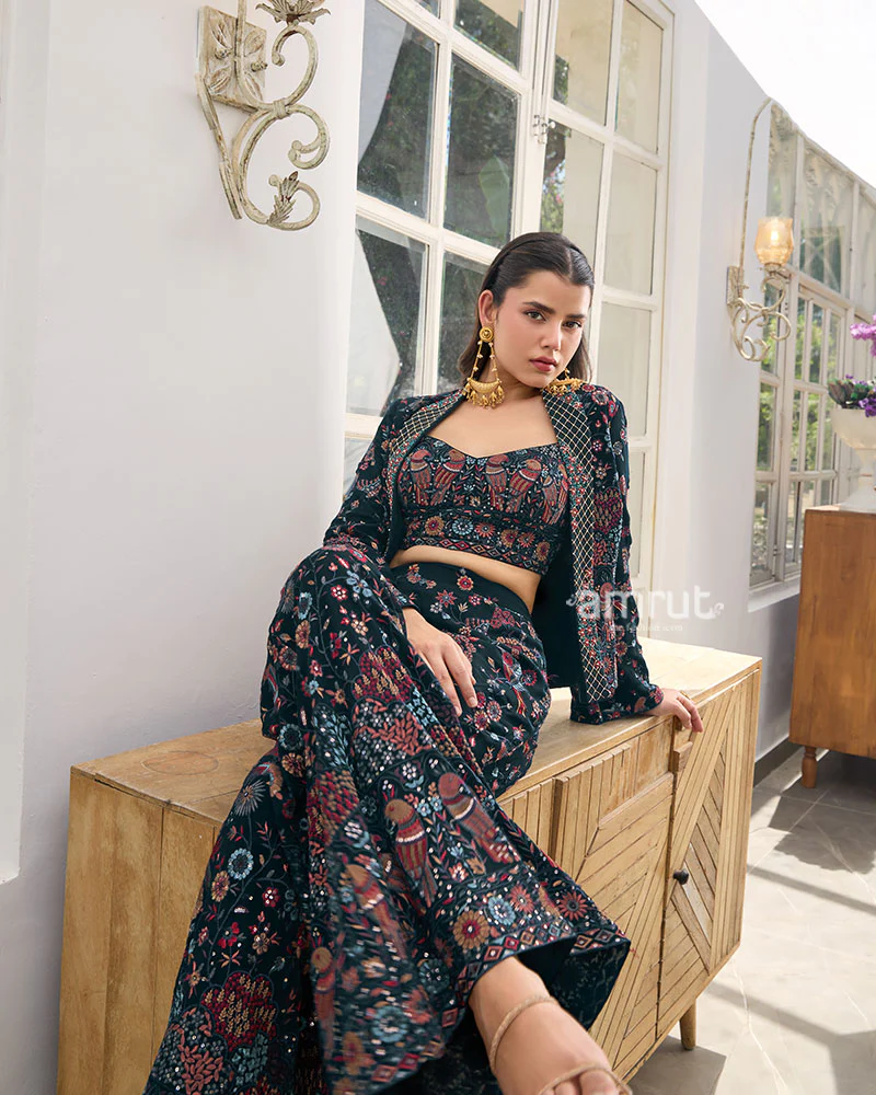 Navy Blue Embroidered Crop Top And Palazzo With Jacket - Image 4