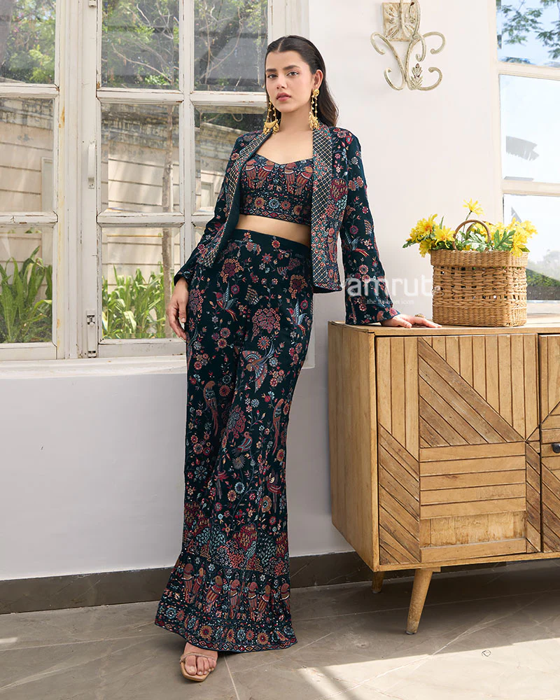 Navy Blue Embroidered Crop Top And Palazzo With Jacket - Image 5