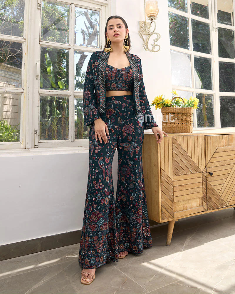 Navy Blue Embroidered Crop Top And Palazzo With Jacket - Image 6