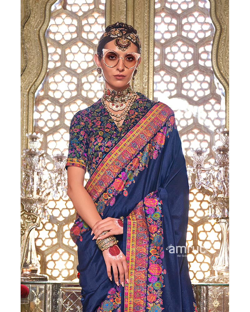 Navy Blue Floral Print Embroidered Border Embellished Pashmina Silk Saree with Unstitched Blouse - Image 2