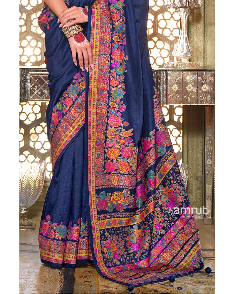 Navy Blue Floral Print Embroidered Border Embellished Pashmina Silk Saree with Unstitched Blouse - Image 3