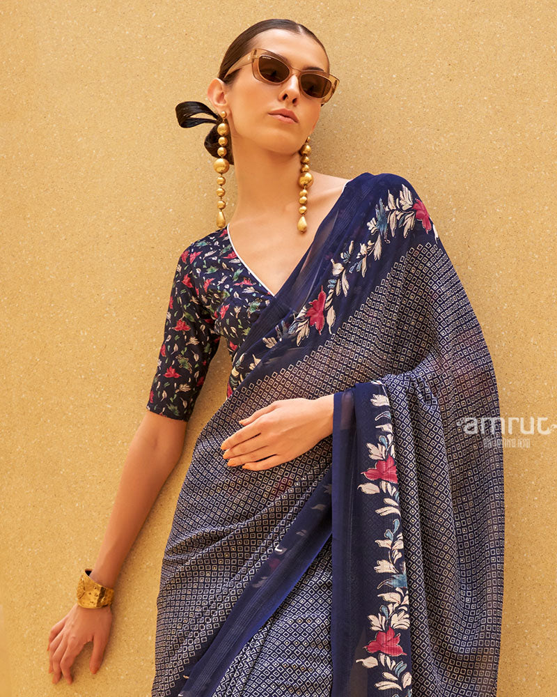Navy Blue Floral Print Saree with Intricate Weaving and Unstitched Blouse - Image 2