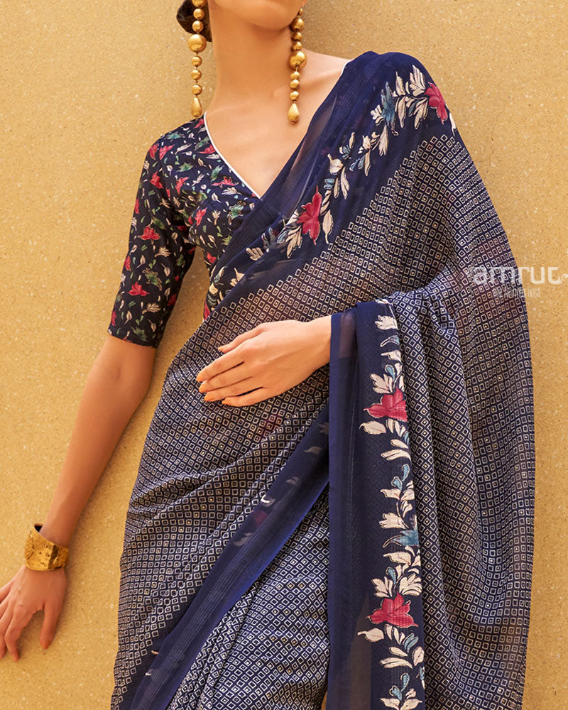Navy Blue Floral Print Saree with Intricate Weaving and Unstitched Blouse - Image 3