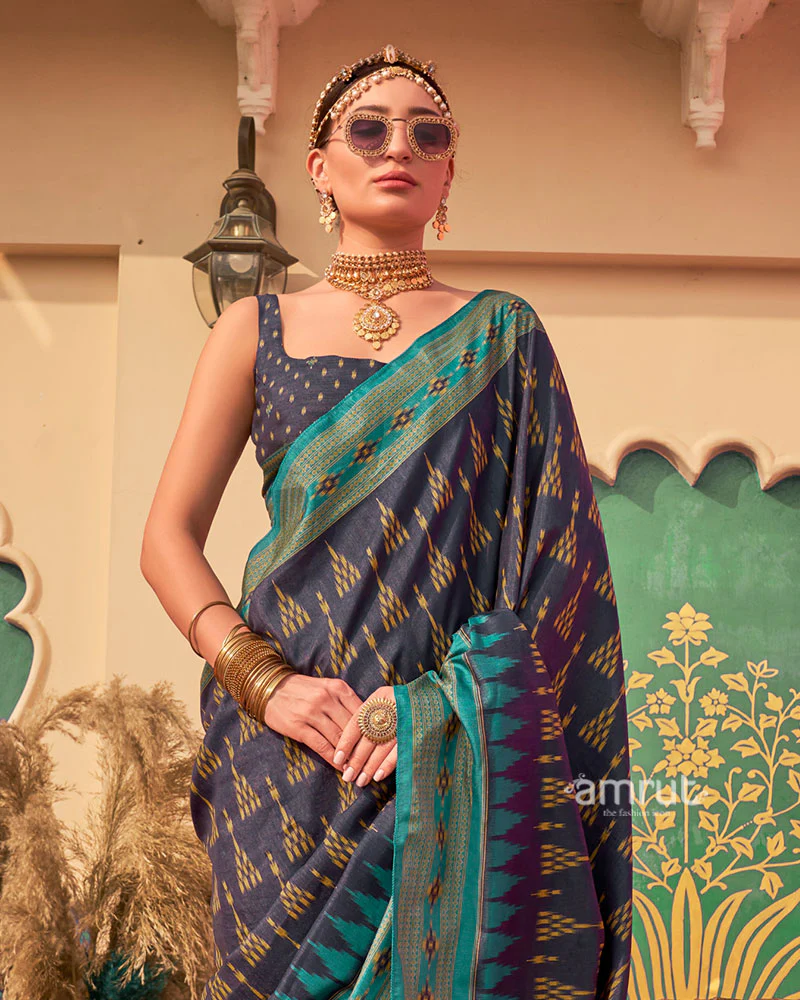 Navy Blue Ikat Printed  Saree with Contrast Teal Green Border and Unstitched Blouse - Image 2