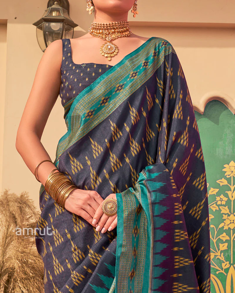 Navy Blue Ikat Printed  Saree with Contrast Teal Green Border and Unstitched Blouse - Image 3