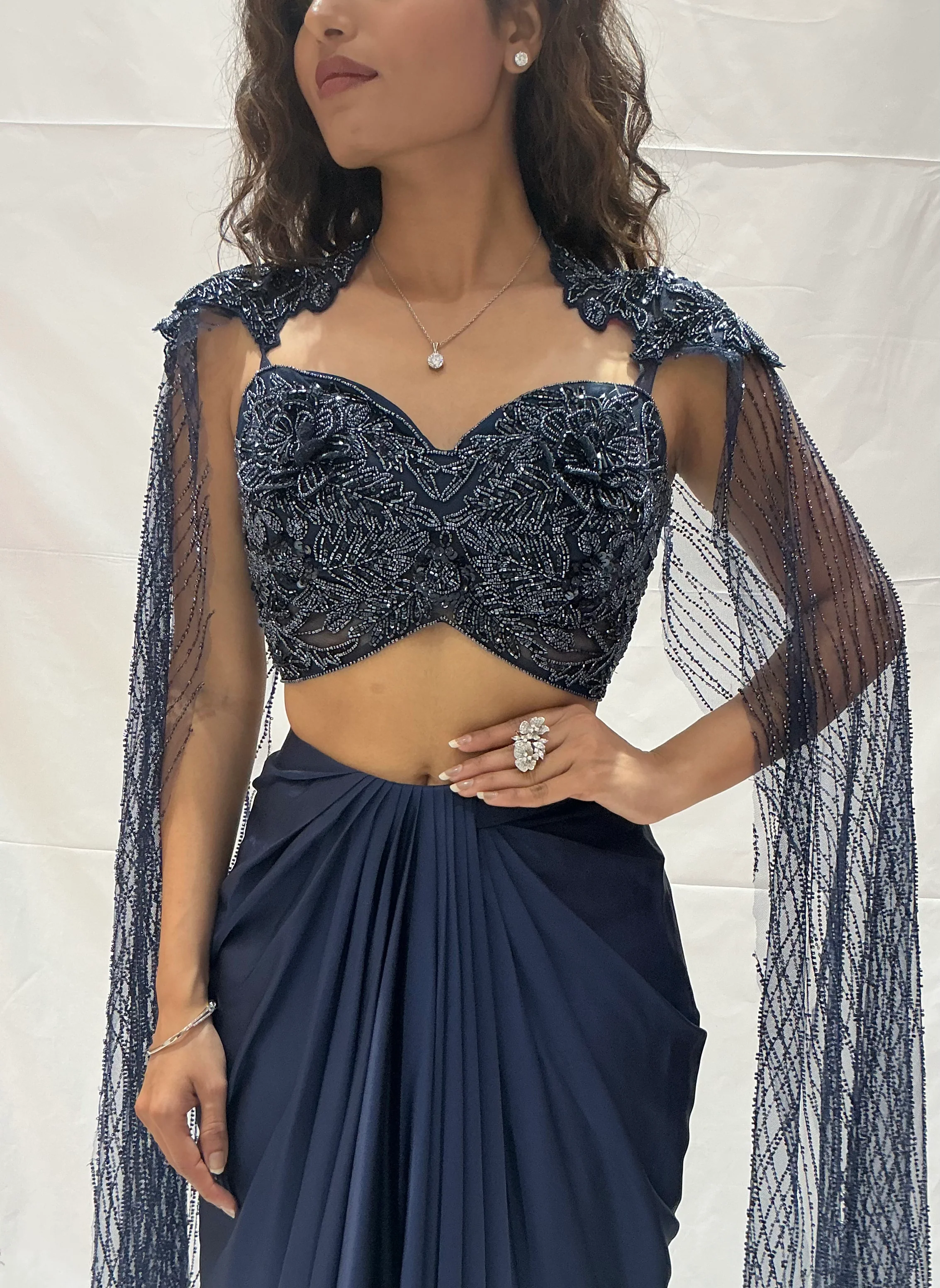 Navy Blue Indo-Western Draped  with Embroidered Cape Blouse - Image 2
