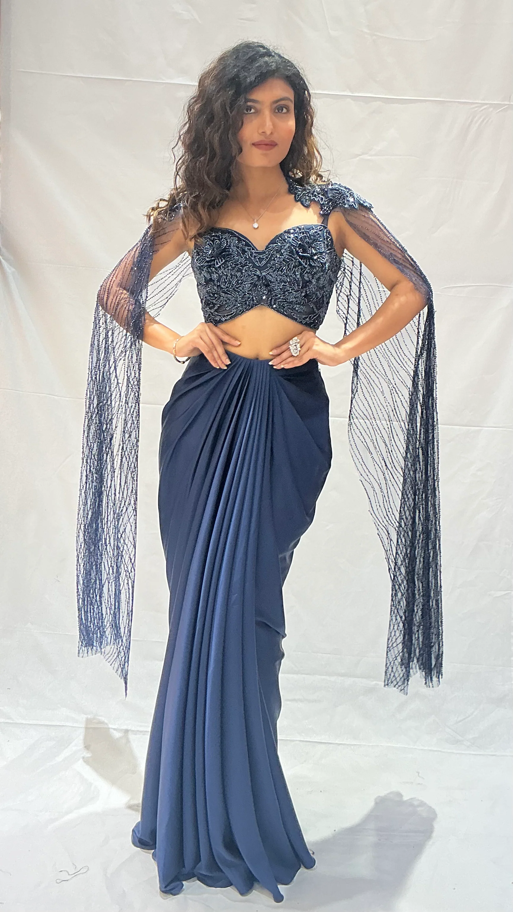 Navy Blue Indo-Western Draped  with Embroidered Cape Blouse - Image 3