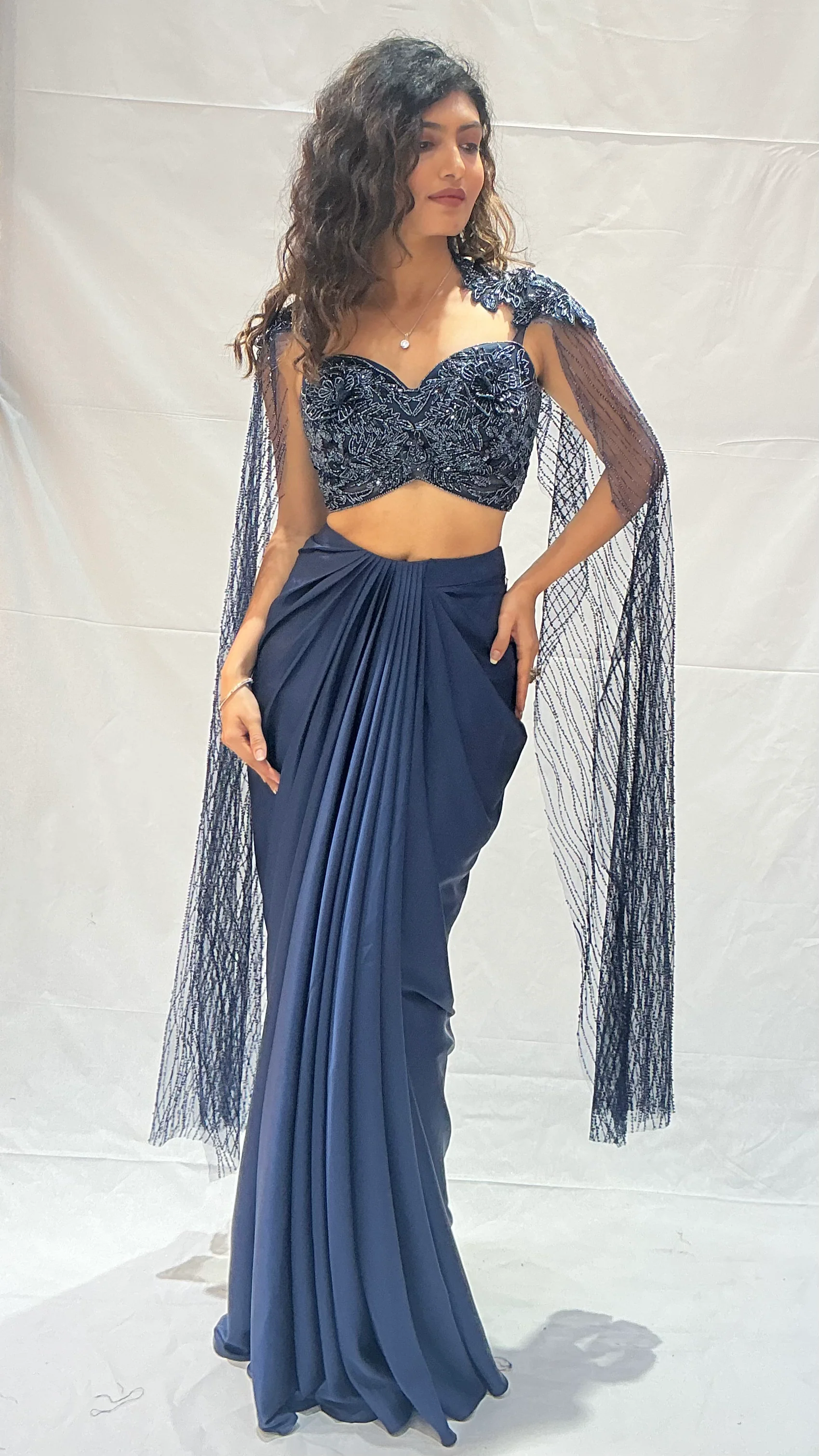 Navy Blue Indo-Western Draped  with Embroidered Cape Blouse - Image 4
