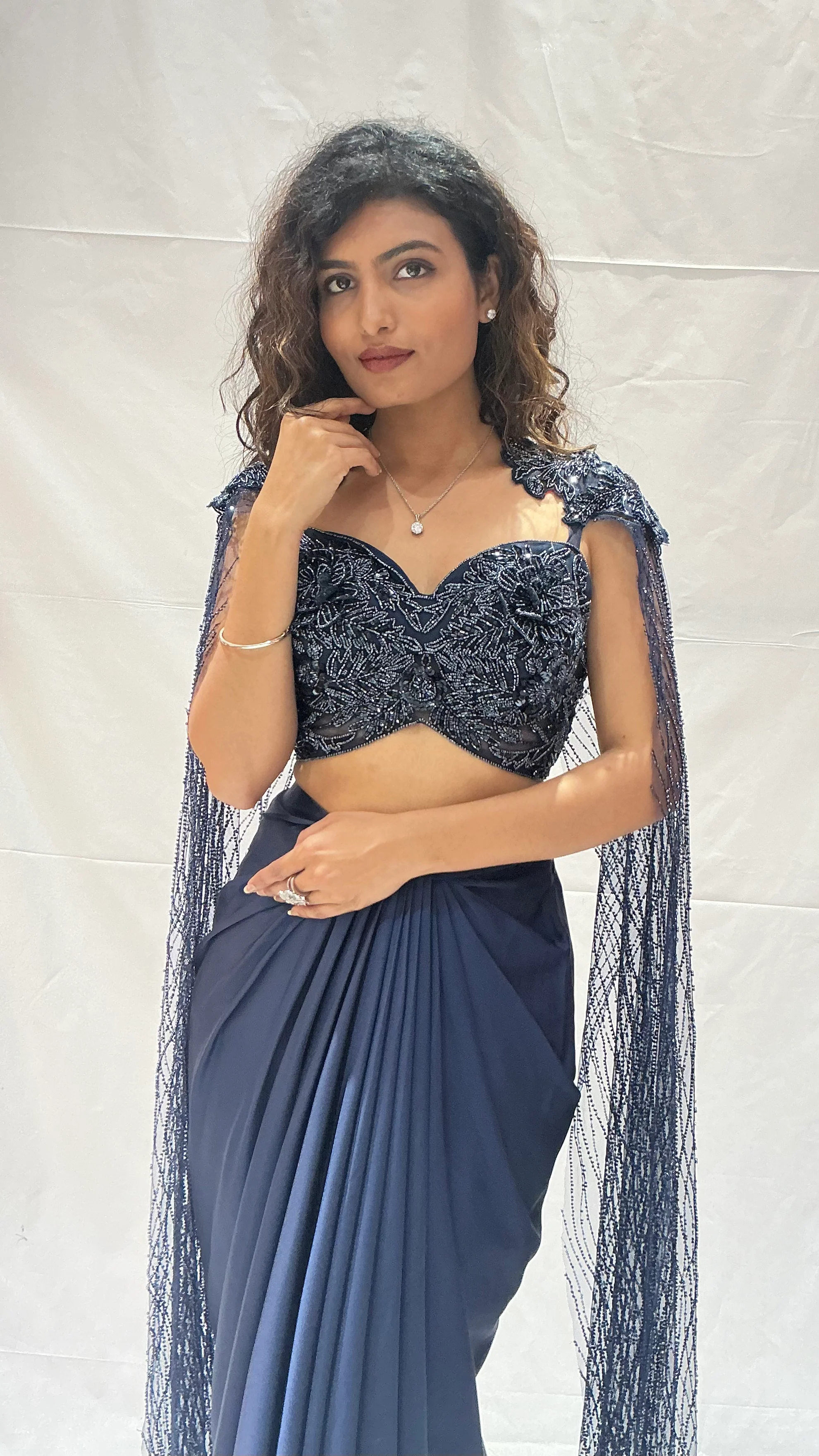 Navy Blue Indo-Western Draped  with Embroidered Cape Blouse - Image 5