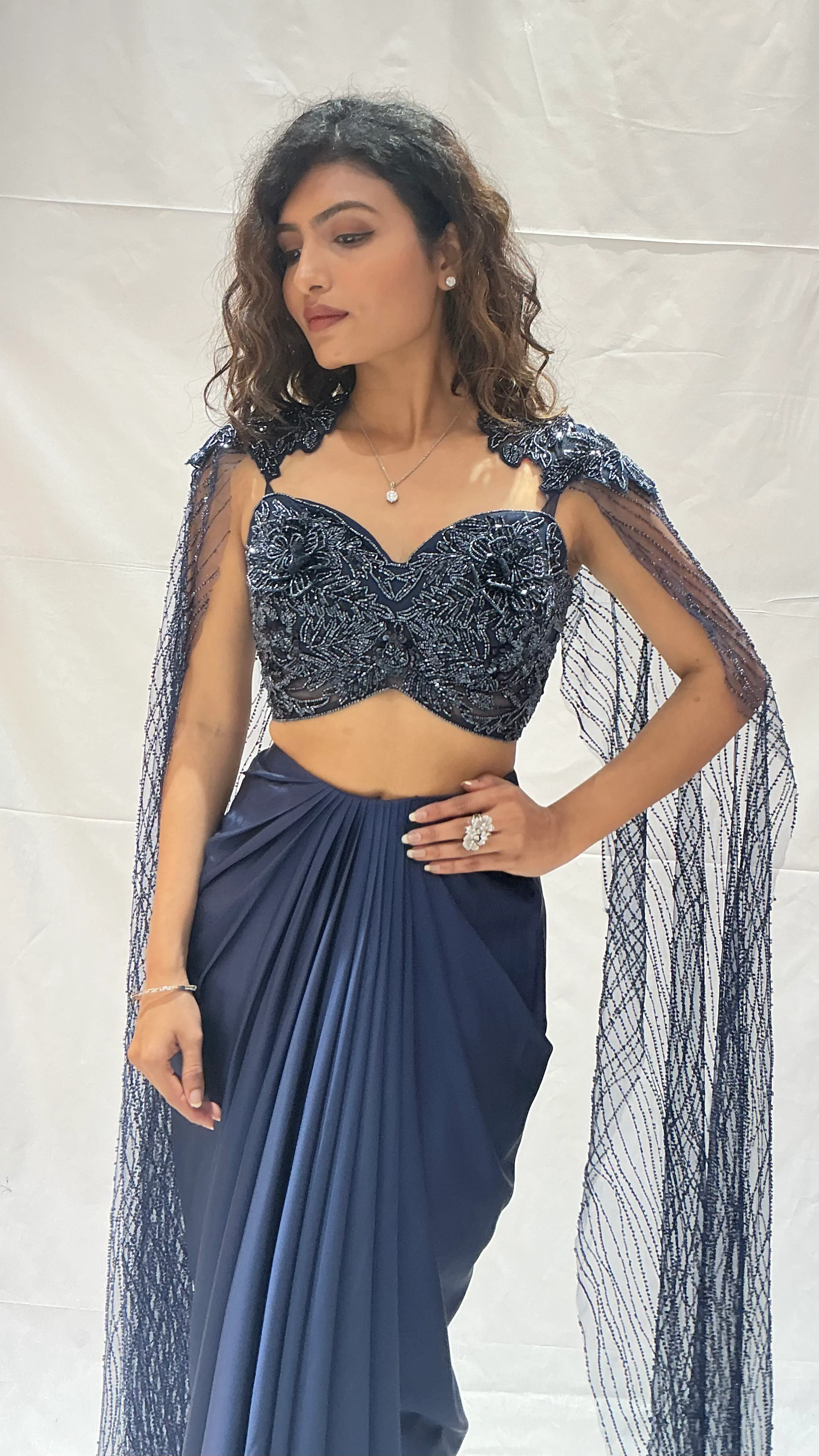 Navy Blue Indo-Western Draped  with Embroidered Cape Blouse - Image 6