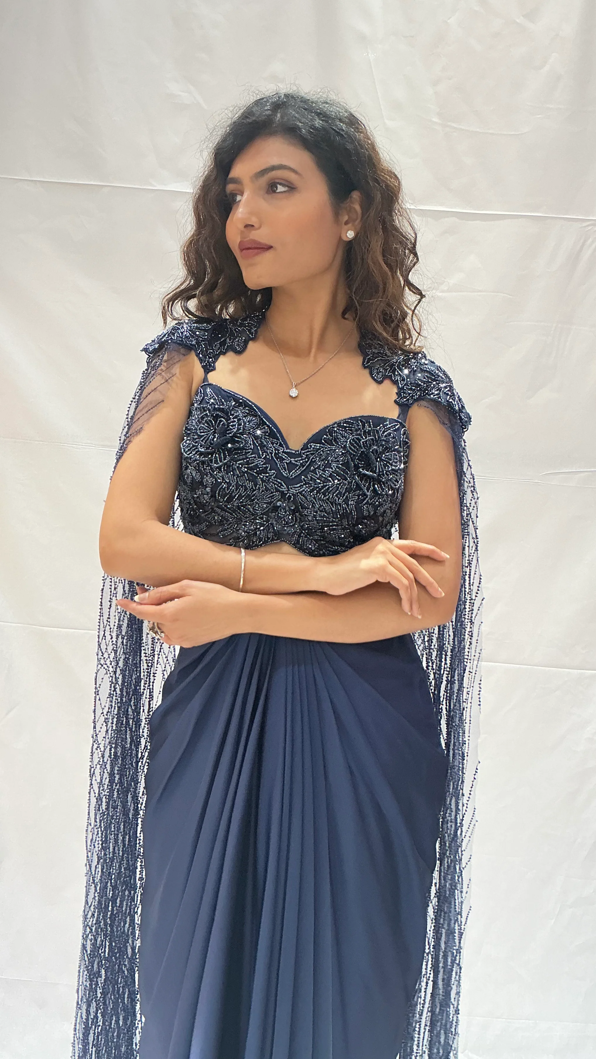 Navy Blue Indo-Western Draped  with Embroidered Cape Blouse - Image 7