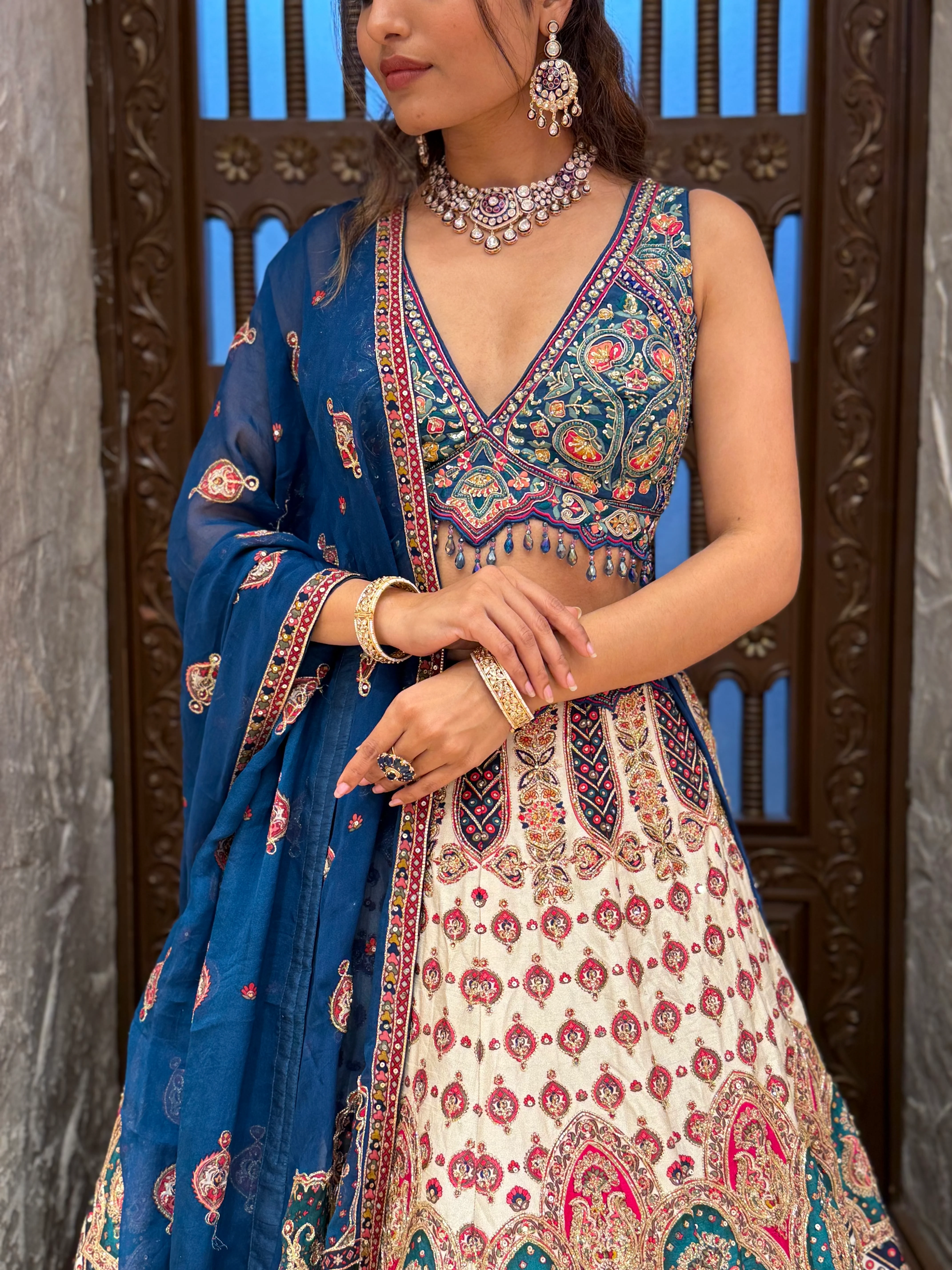 Navy Blue & Ivory Multicolor Heavy Embroidered Lehenga Set - Image 2