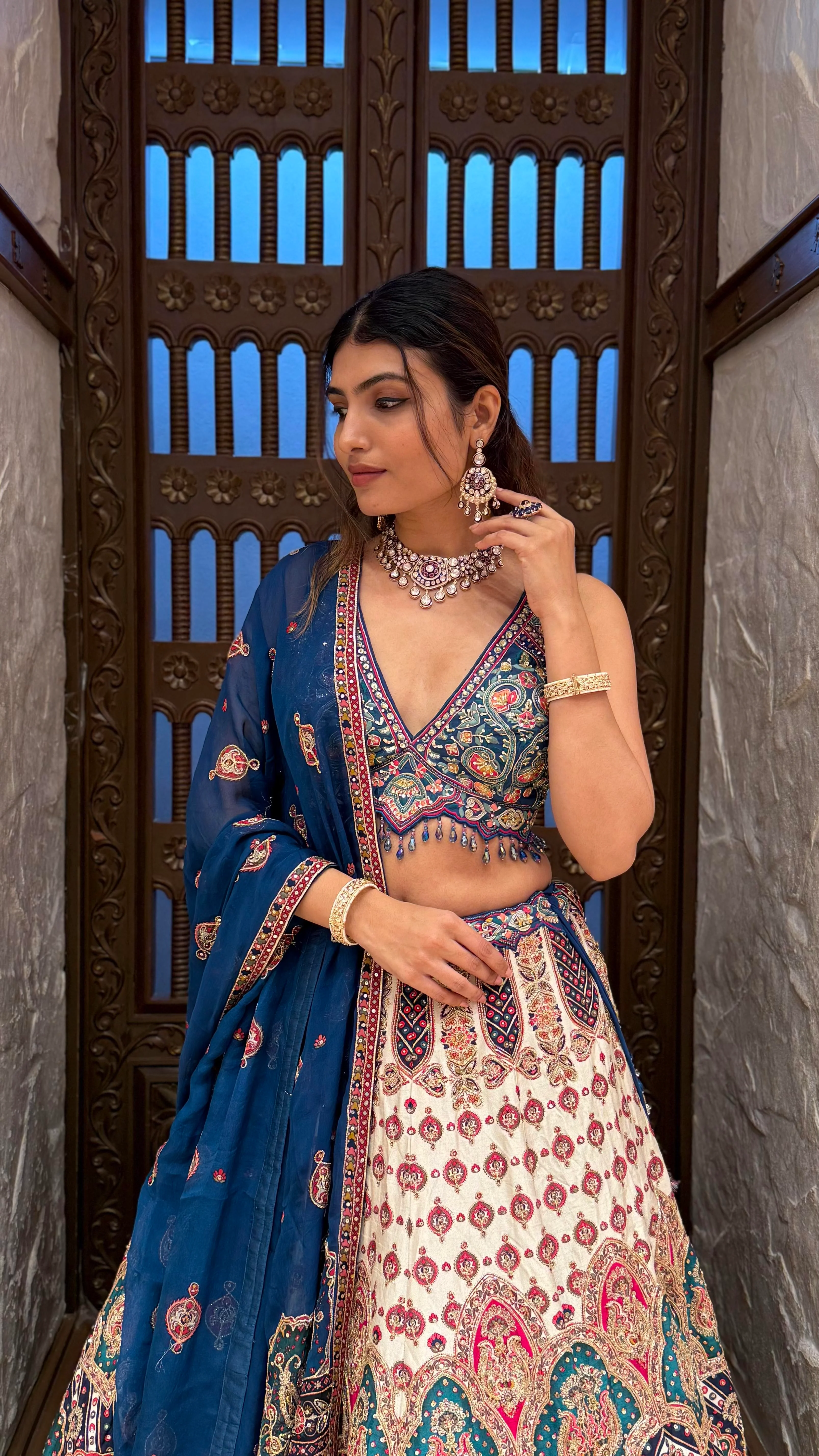 Navy Blue & Ivory Multicolor Heavy Embroidered Lehenga Set - Image 3