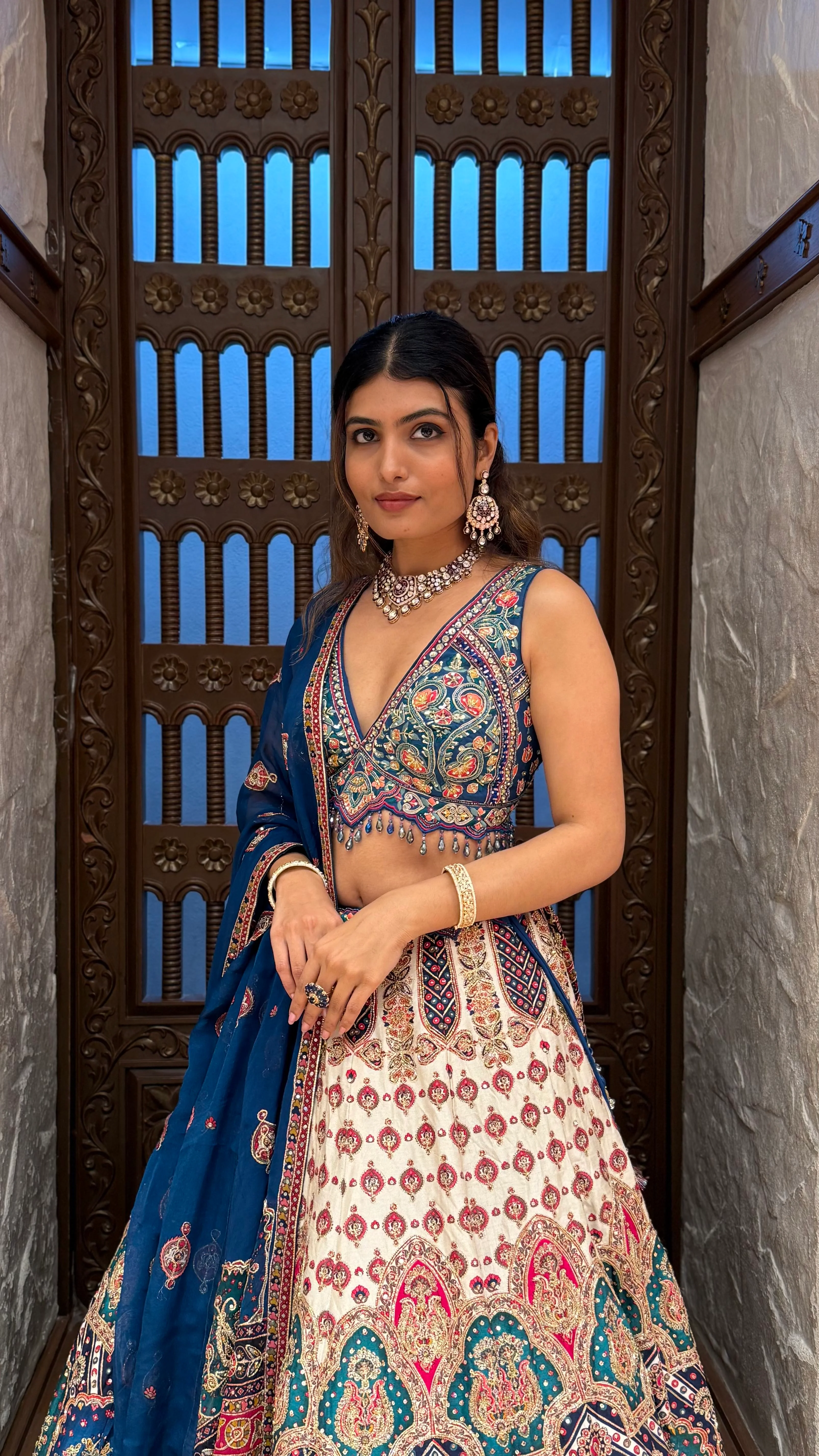 Navy Blue & Ivory Multicolor Heavy Embroidered Lehenga Set - Image 4