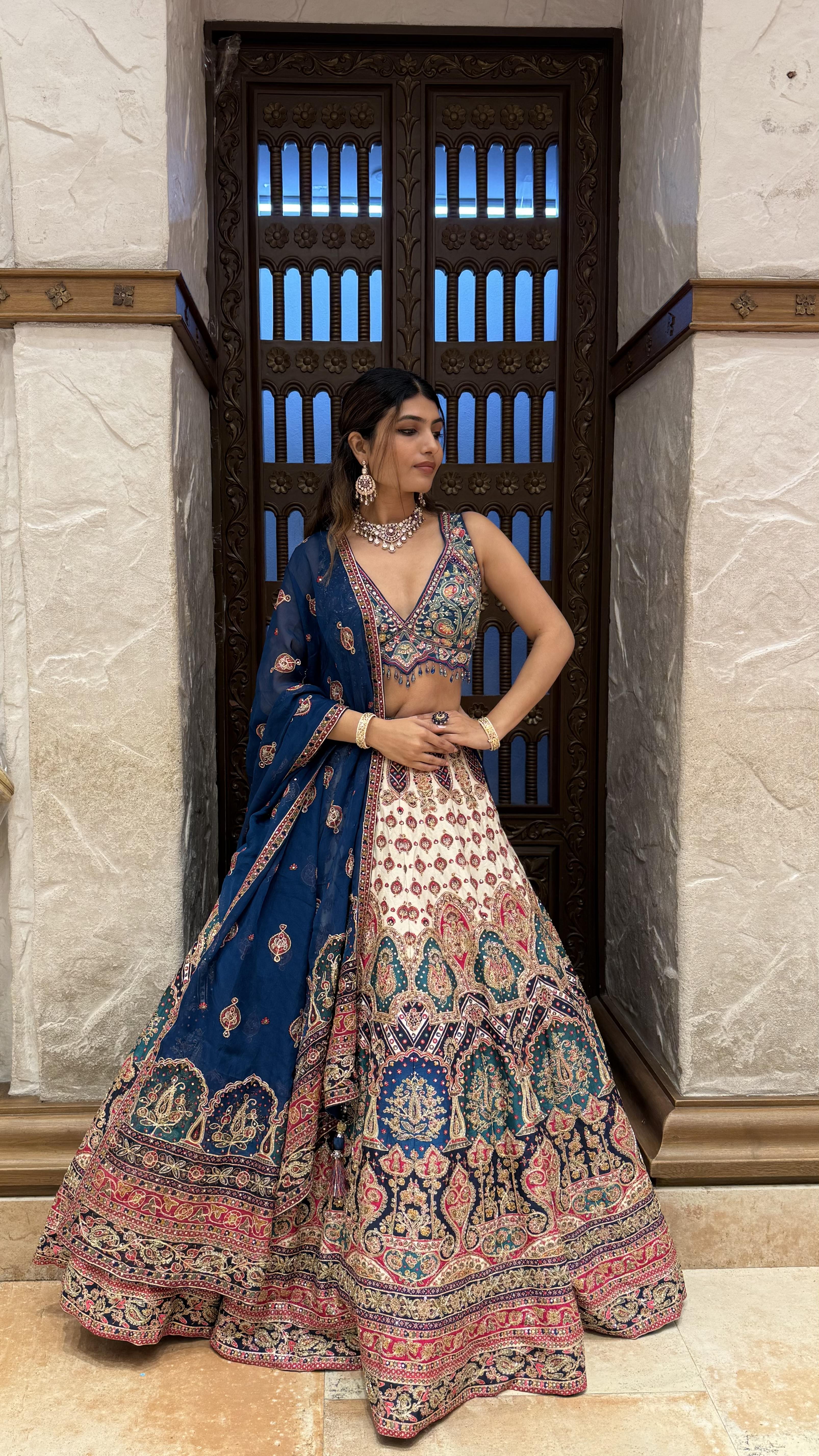 Navy Blue & Ivory Multicolor Heavy Embroidered Lehenga Set - Image 5