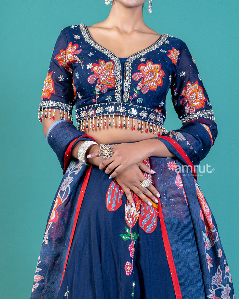 Navy Blue Lehenga Choli with Gold and Maroon Floral Embroidery - Image 3