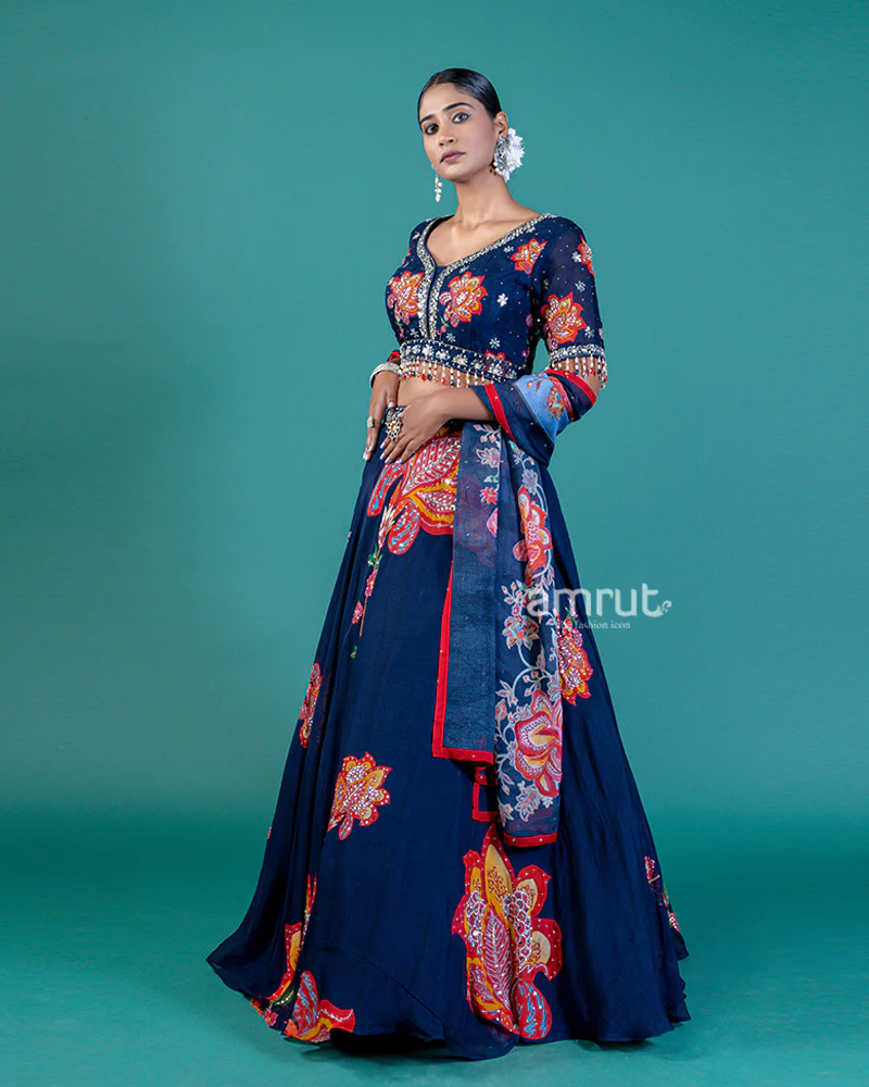 Navy Blue Lehenga Choli with Gold and Maroon Floral Embroidery - Image 4