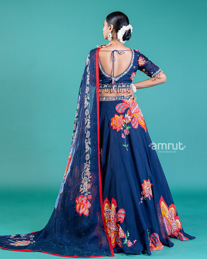 Navy Blue Lehenga Choli with Gold and Maroon Floral Embroidery - Image 5