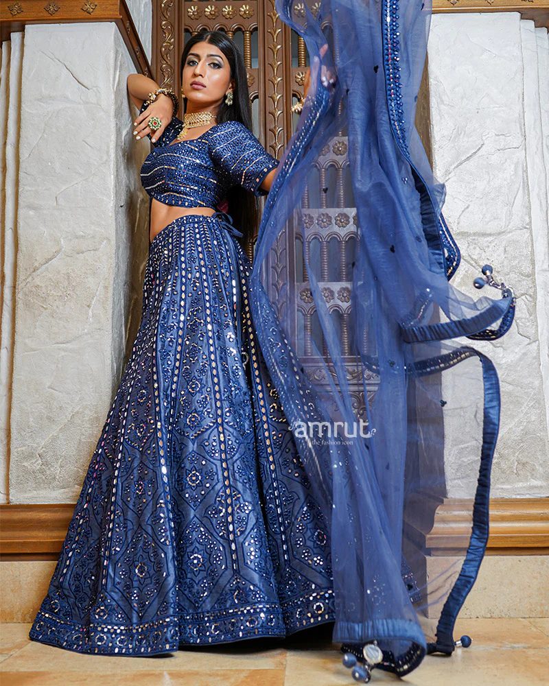 Navy Blue Mirror Work Embroidered Silk Lehenga Set With Dupatta - Image 5