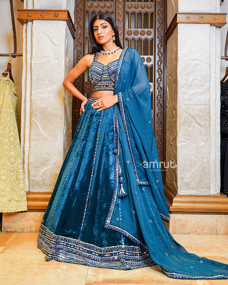 Navy Blue Mirror Work Embroidered Velvet Lehenga Set - Image 4