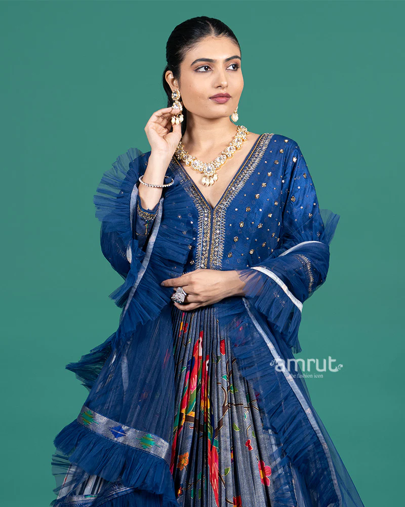 Navy Blue Mirror Work Gown with Multicolor Bird Embroidery and Ruffle Dupatta - Image 2