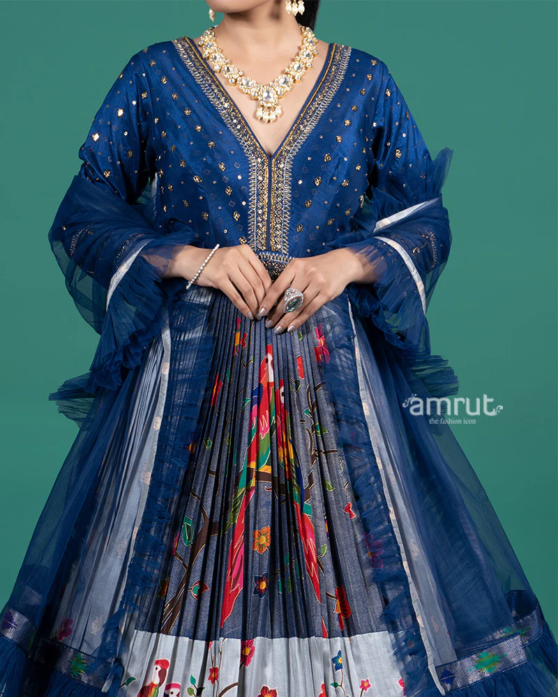 Navy Blue Mirror Work Gown with Multicolor Bird Embroidery and Ruffle Dupatta - Image 3
