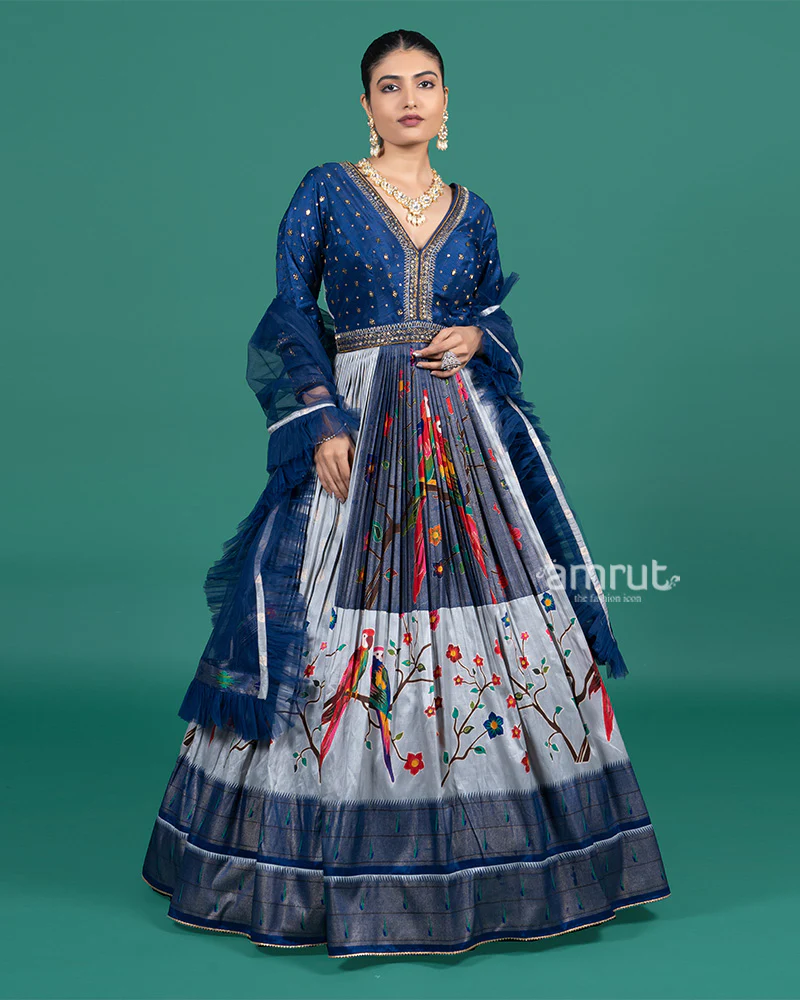 Navy Blue Mirror Work Gown with Multicolor Bird Embroidery and Ruffle Dupatta - Image 4