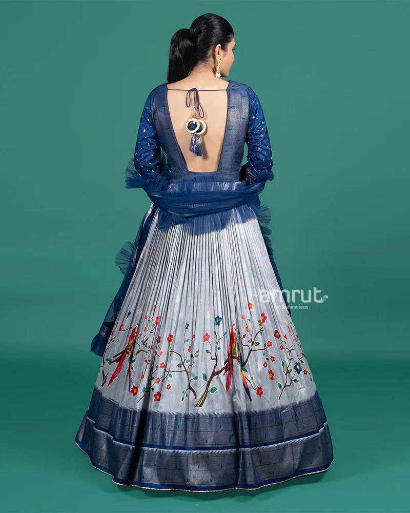 Navy Blue Mirror Work Gown with Multicolor Bird Embroidery and Ruffle Dupatta - Image 5