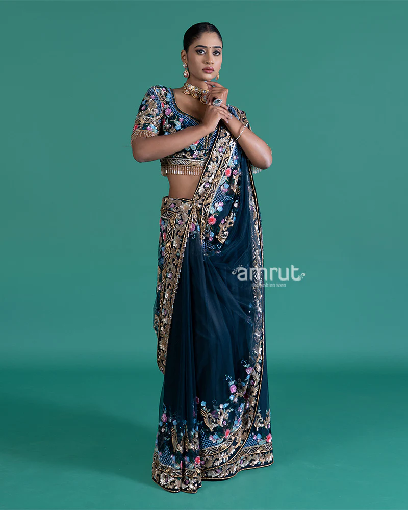 Navy Blue Net Saree with Floral Embroidery and Blouse - Image 2